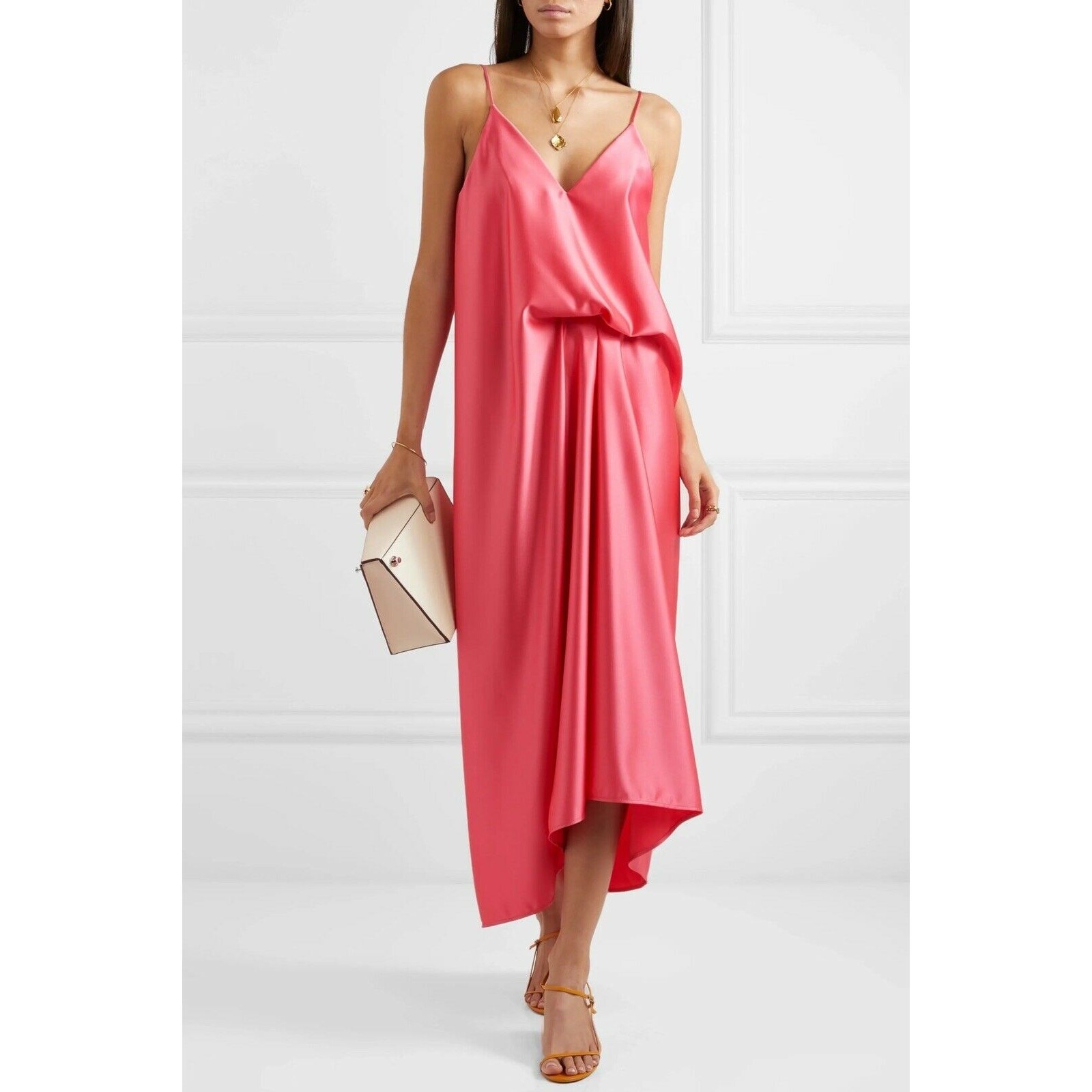 NEW Cedric Charlier Satin Pink Draped Midi Dress $520 US 12 IT 46