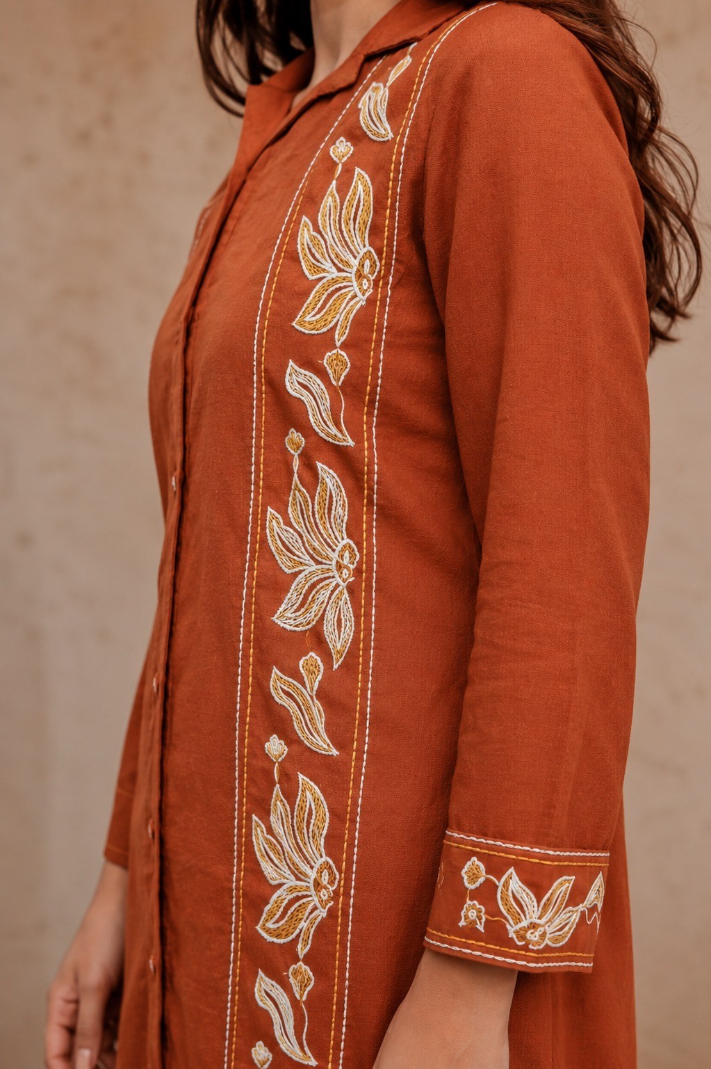 Women Rust Cotton Flex Co-Ord Set Embroidered Top Pant Set Casual ,Travel Wear