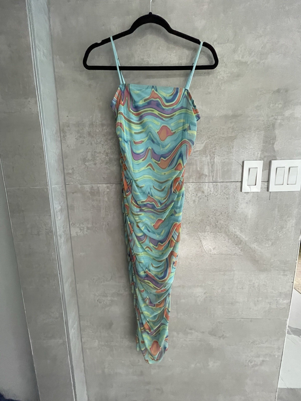 Wild Fable Women’s M Mesh Abstract Blue Multicolor Ruched Bodycon Midi Dress