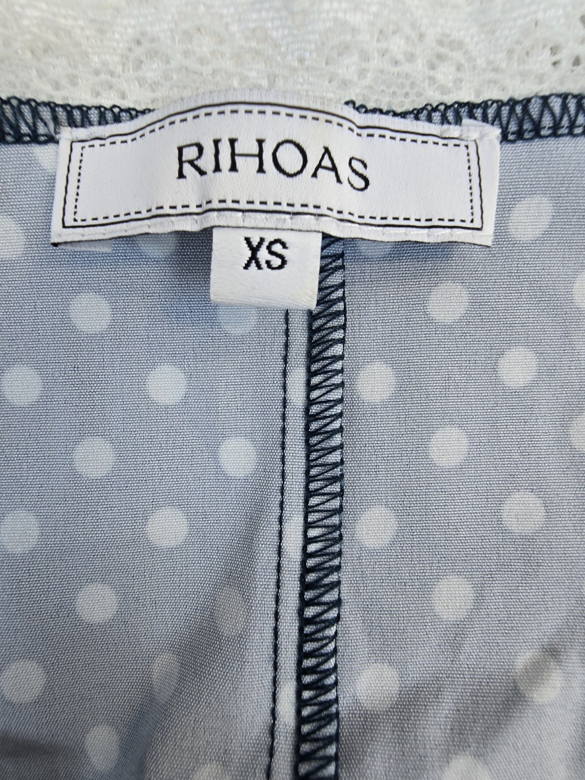 RIHOAS Navy White Polka Dot Lace Trim V-Neck Maxi Dress XS Short Sleeve