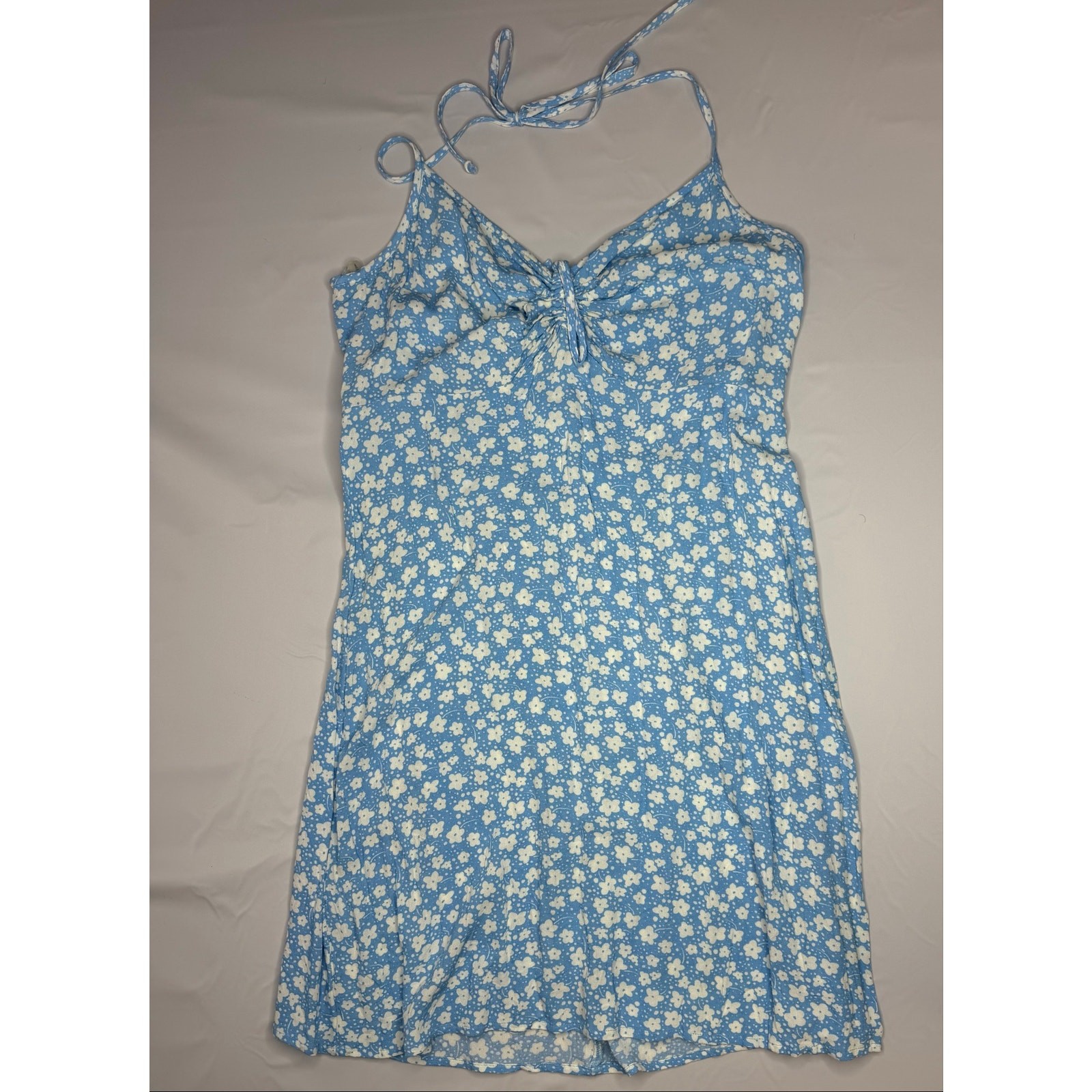 American Eagle Blue Floral Halter Mini Dress Women’s Large Boho Tie Back NWT