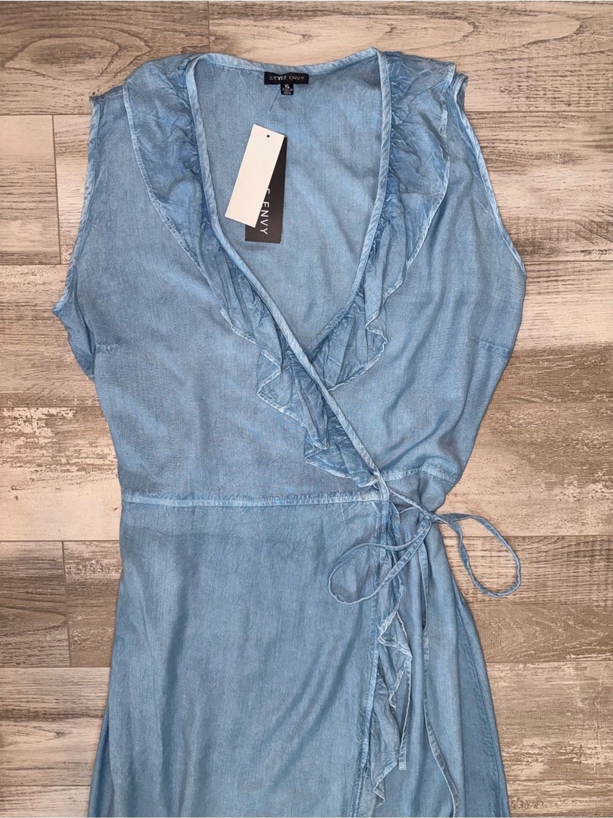 Wrap Ruffle Maxi Dress XL NWT Blue Denim Chambray Look Style Envy