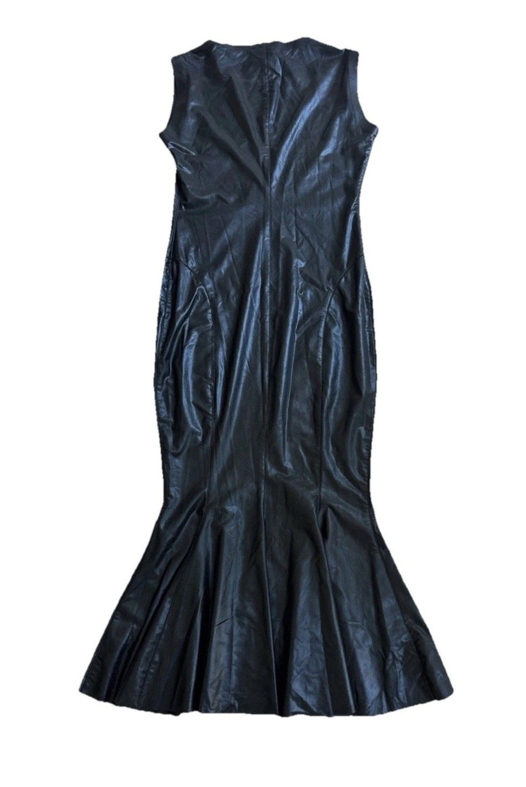 Norma Kamali Black Fishtail Midi Dress Women M Sleeveless Sheen Evening