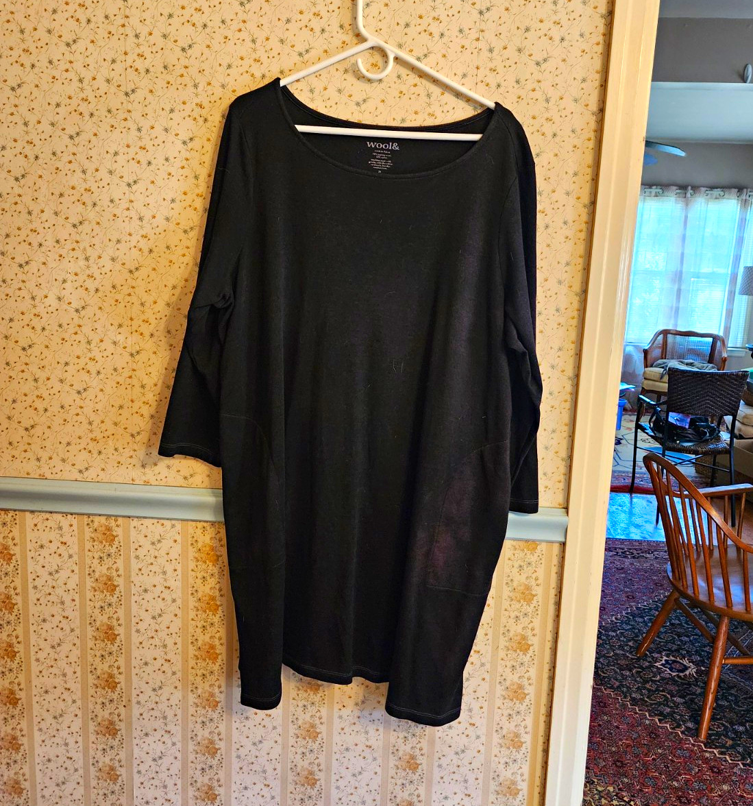 wool& Black 2X Merino Wool Blend Margo Dress 3/4 Sleeve Scoop Neck Pockets