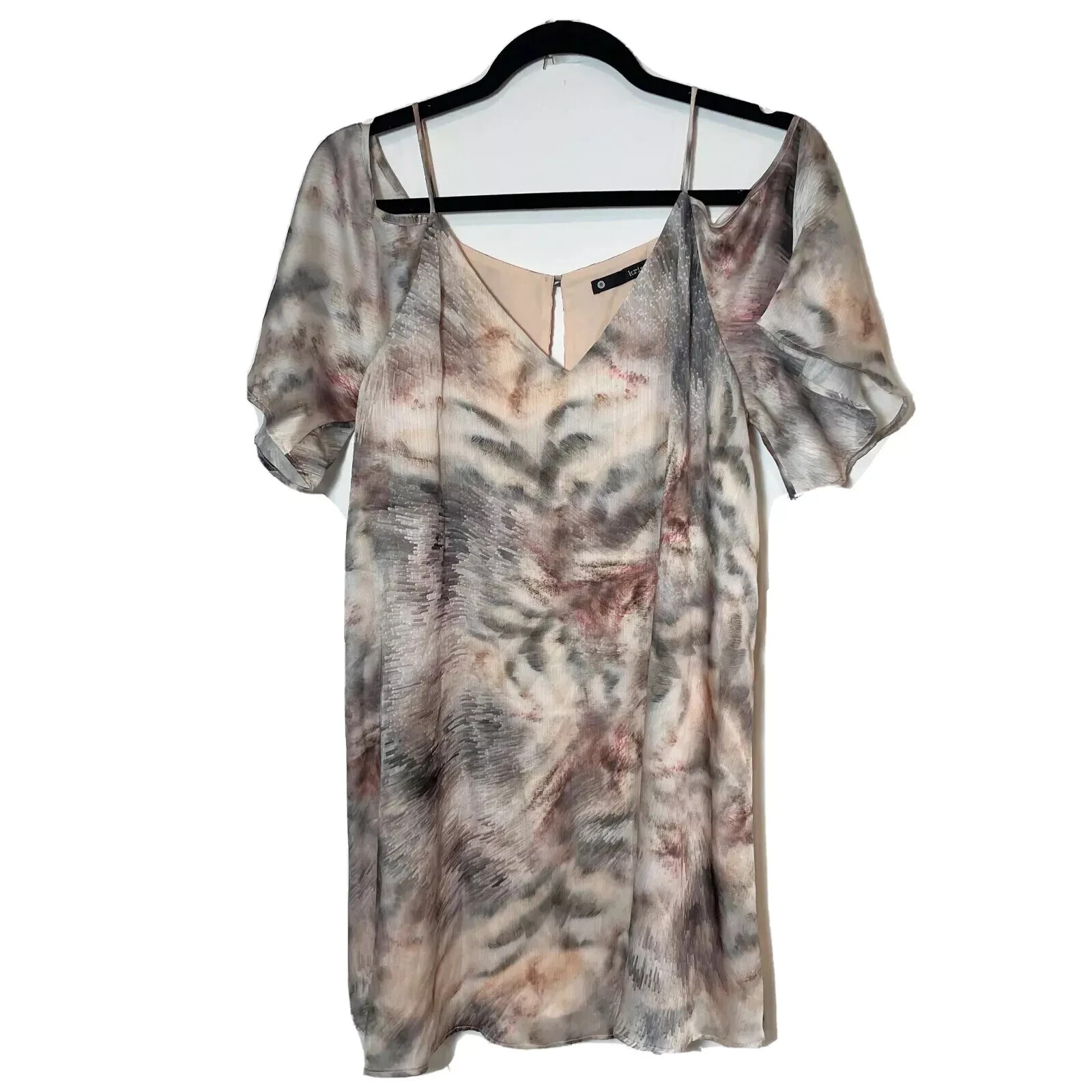 Krisa Mini Tunic Dress Womens Size S Gray Cold Shoulder Sleeve V-neck Tie Dye