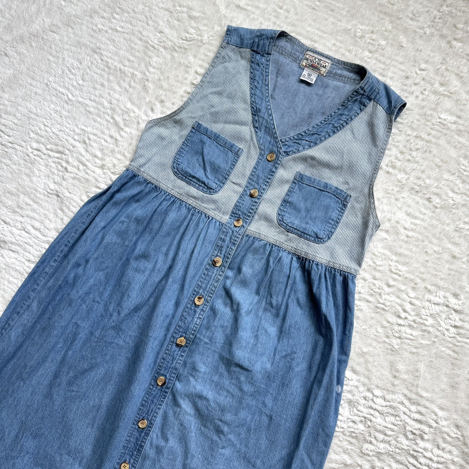 VTG 90s Denim Shirt Maxi Dress M Button Up Western Boho Prairie Americana Farm