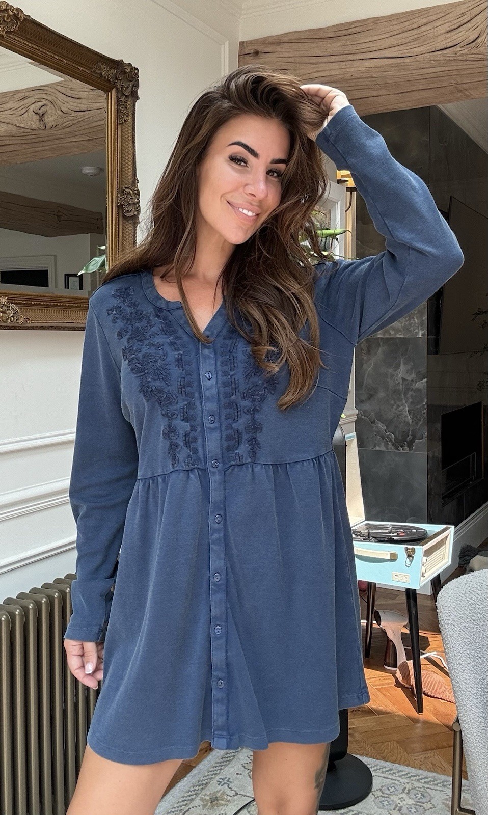 Joe Browns Blue Embroidered Button Front Jersey Dress Boho UK 16 Long Sleeve