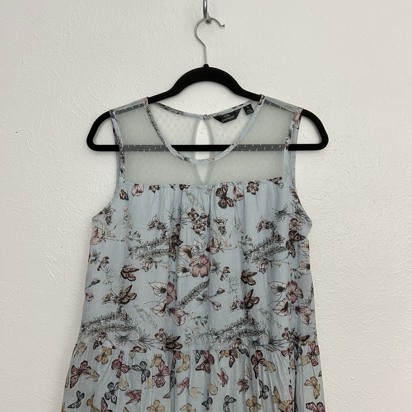 Mile Gabrielle Blue Butterfly Floral Tiered Dress Size S Lace Neck Sleeveless