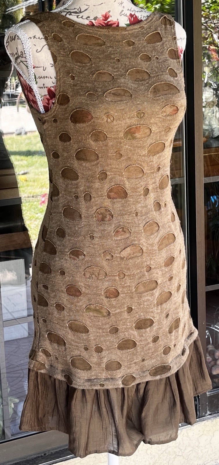 Long Sleeveless Ruffle Trim Brown Dress W/ See Through Distressed Holes Sz S