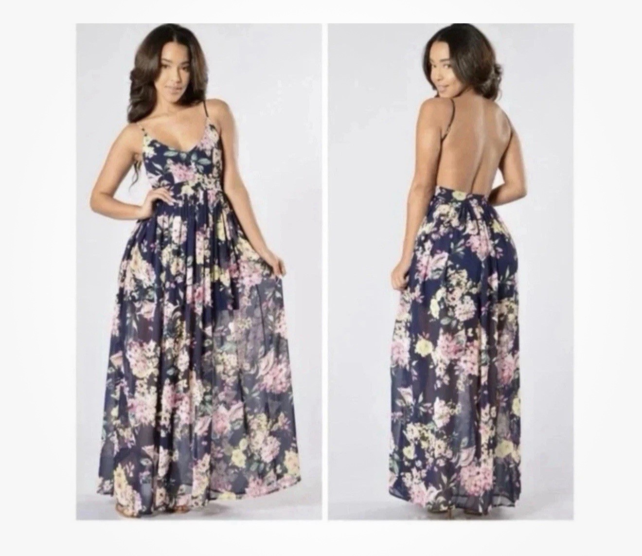 Miss Avenue Midi Floral Backless Sheer Sleeveless Maxi Dress Sz M Flowy Tropical