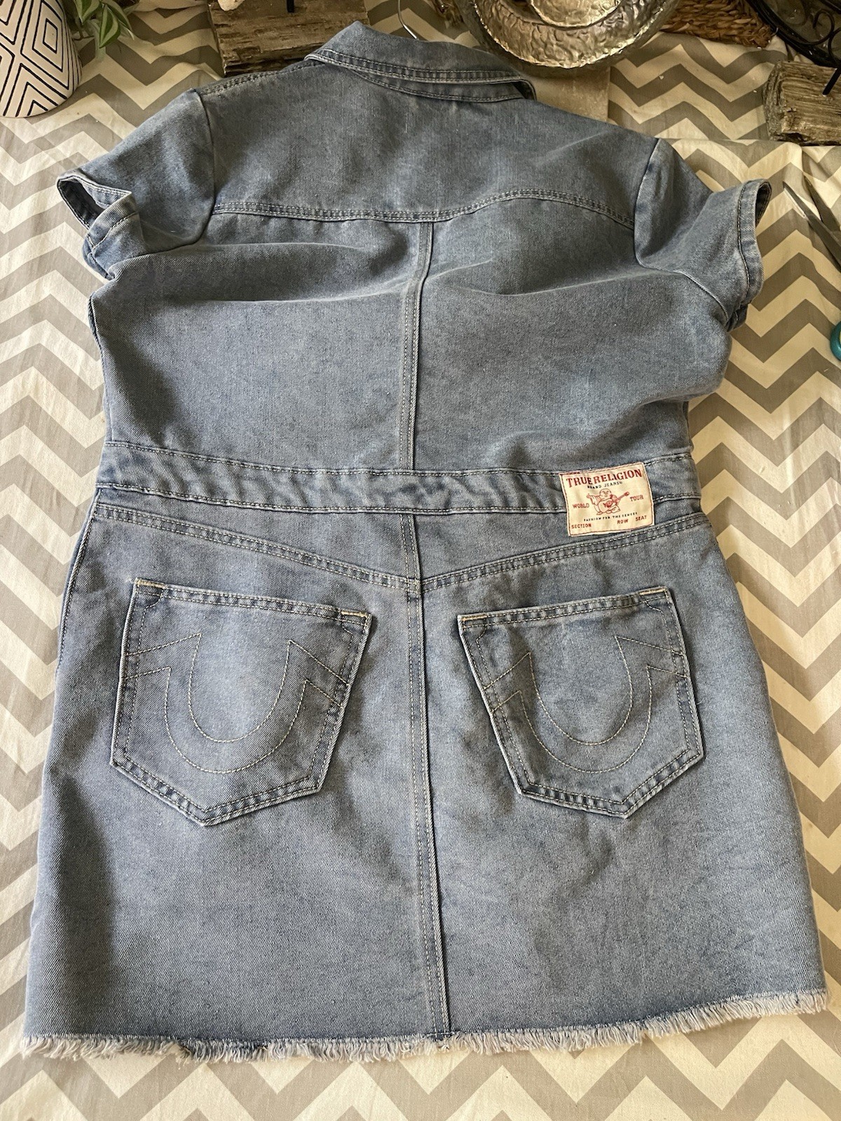 TRUE RELIGION Denim Button Front Mini Dress Light Wash Women Ladies XL $159