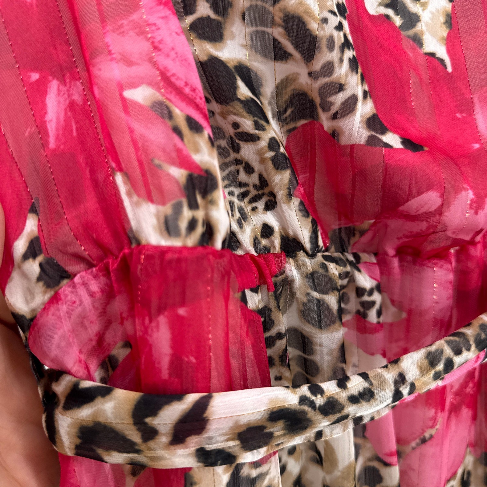 Boston Proper Pink Floral Leopard Print Wrap Dress Gold Lurex Bell Sleeve Large