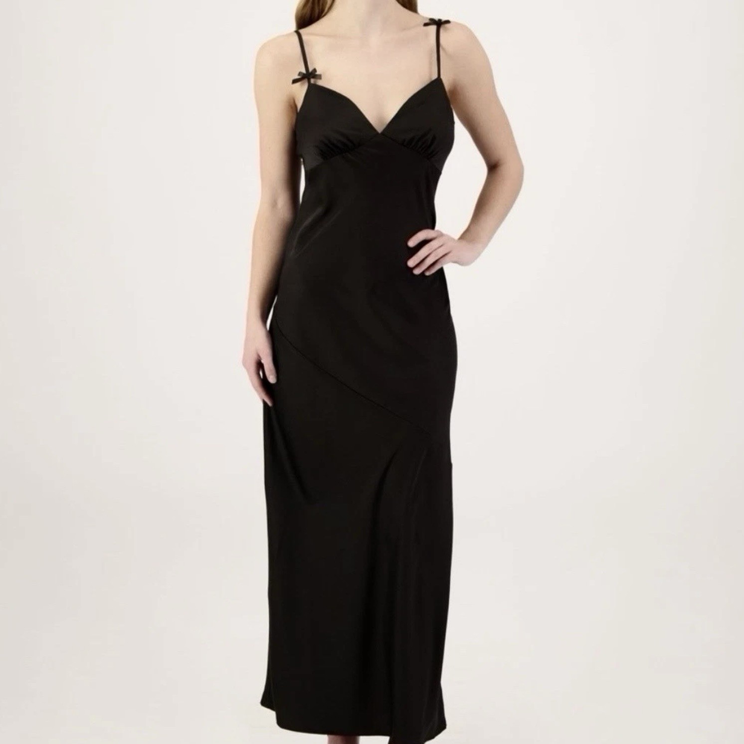 Crystal Doll Black Satin Maxi Slip Dress Bow Straps Size L Party Prom NWT $120