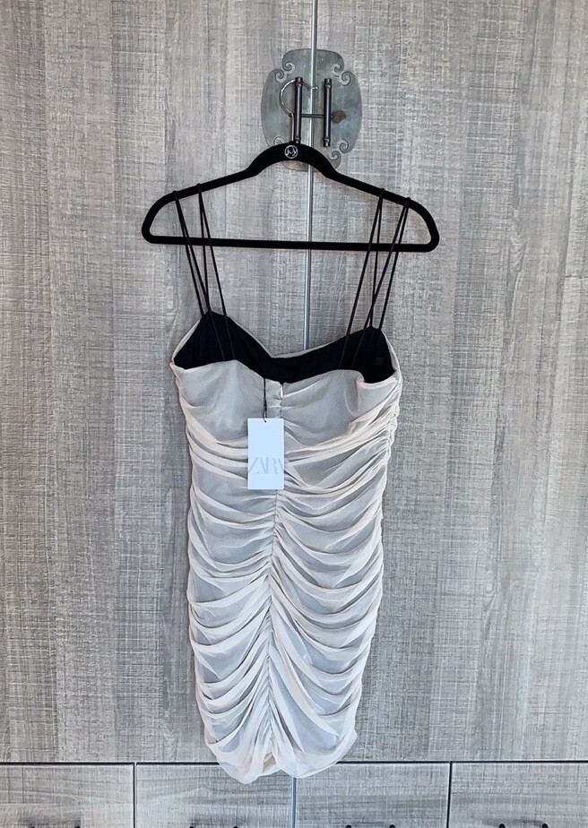 Zara Mesh Sleeveless Folds 3D Flower Mini Dress