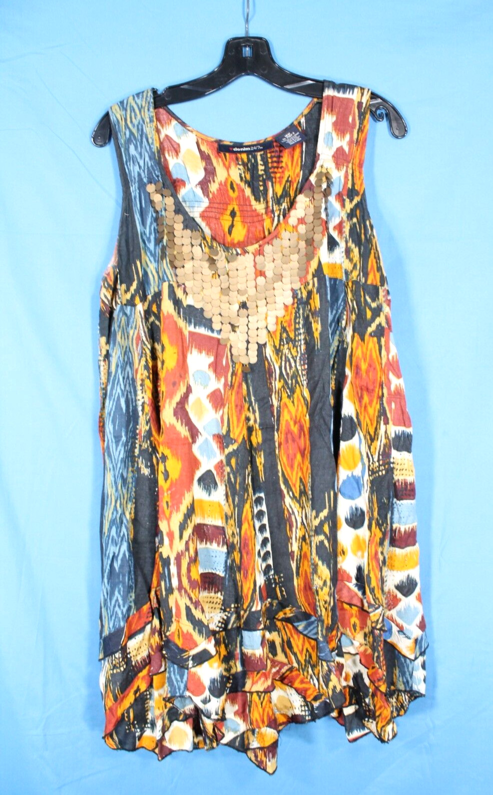 DENIM 24/7 Women’s TWILL Sleeveless BEADED/SEQUIN Ruffle Hem TUNIC TOP/DRESS 18W