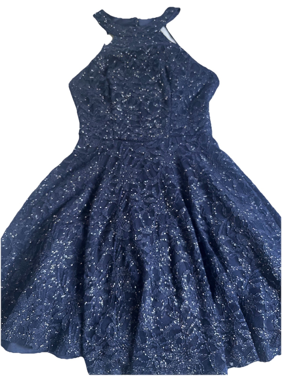 B Darlin Blu 5/6 Strappy Back Floral Lace Halter Neck Dress Homecoming Skater