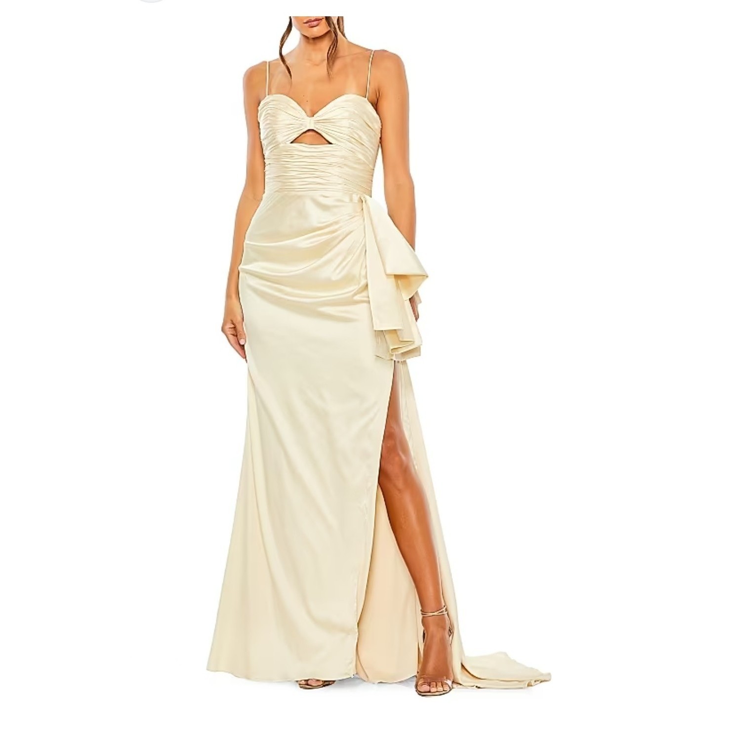 Mac Duggal Gown Dress Womens 4 Beige Gold Ruched Lined Back Zip Spaghetti Strap