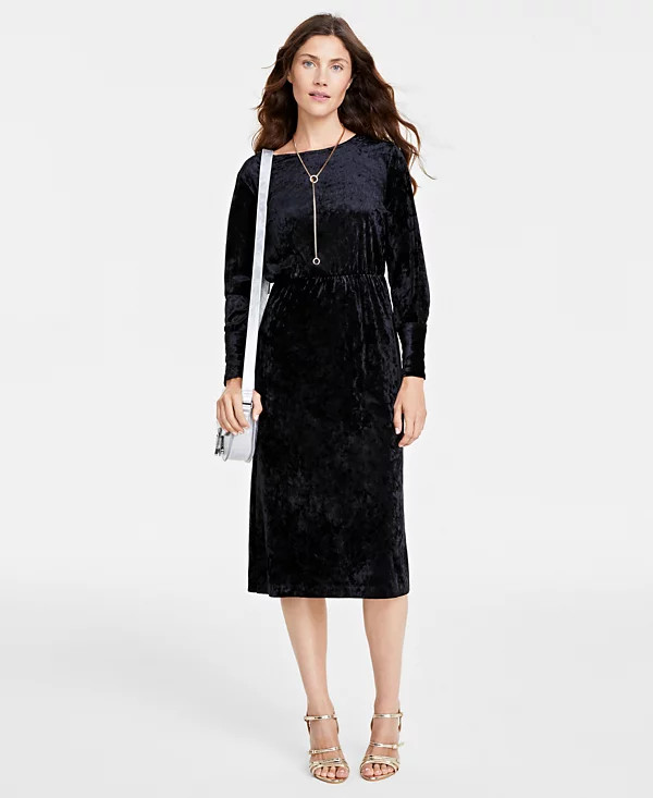 On 34th Womens Plus Size 3X Long Sleeve Crushed Velvet Midi Dress in Black $89
