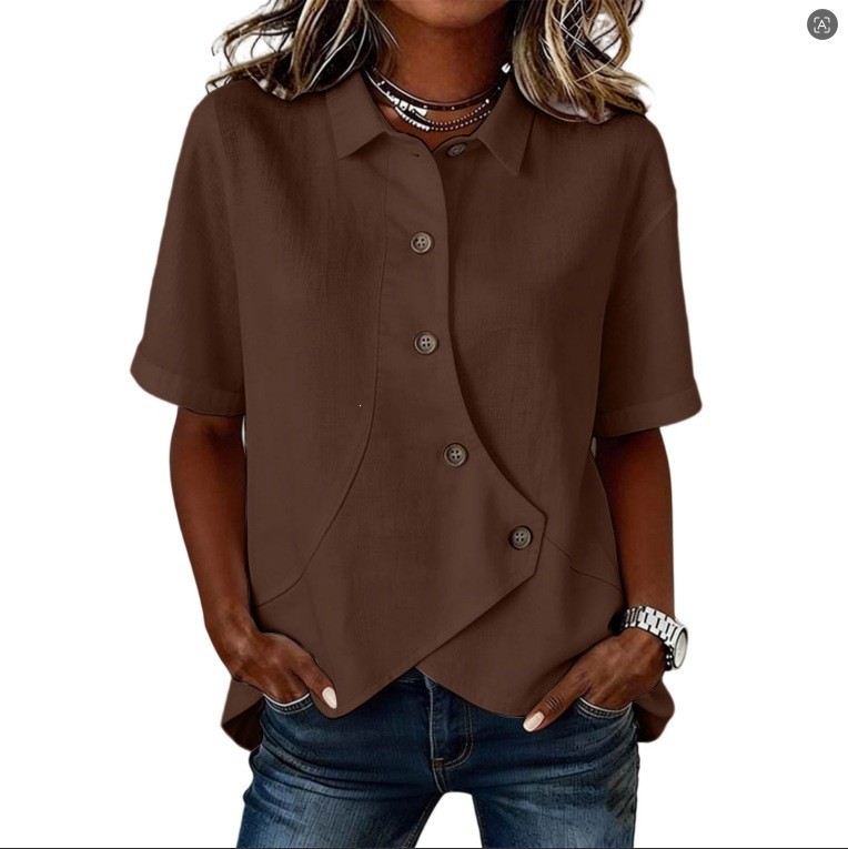Womens Casual Solid-color Irregular-button Blouse Loose-fit Short Sleeves