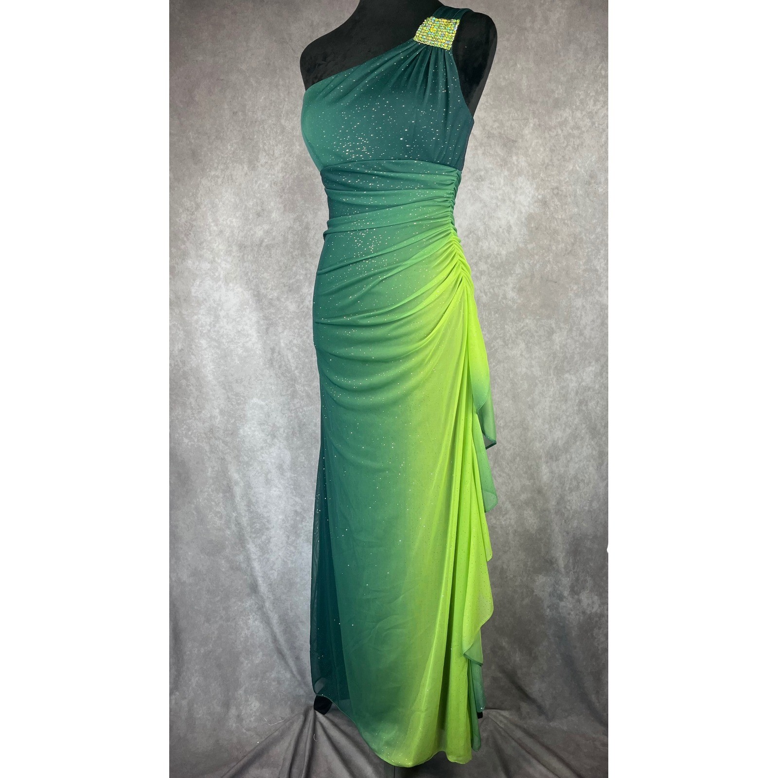 Vtg 90s Y2K Fairy Prom Gown S Sheer Green Ombré Rhinestones Mermaid Dress USA