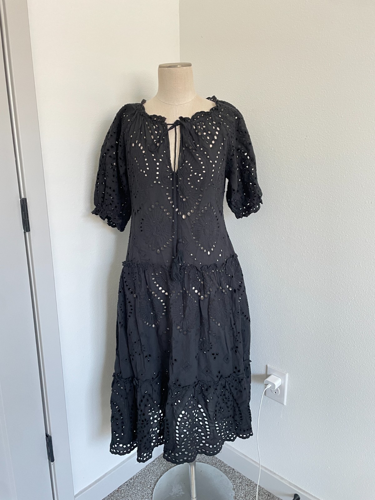 OPT Dress Women XS Black Eyelet Midi Puff Sleeve Tiered Tassels Dark Feminine