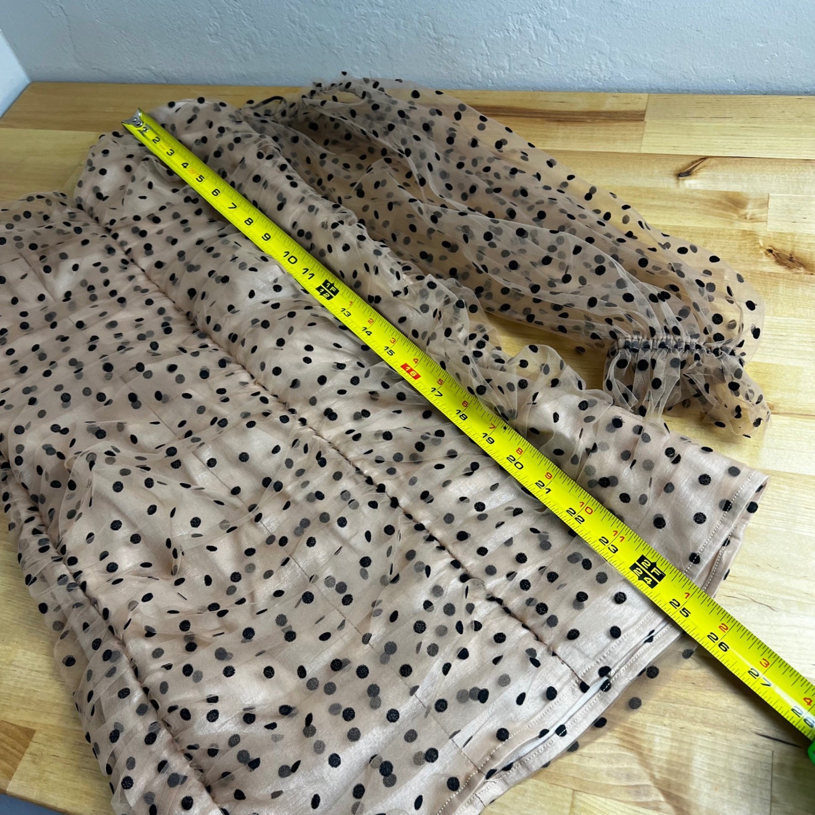 MAJORELLE Secrets Polka Dot Mesh Ruched Off Shoulder Mini Dress Strapless Size S