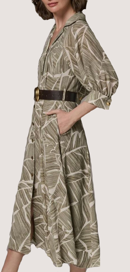 NWT Donna Karan NY Leaf Print Collared Belted Lined Shirt Dress, 8, Olive, $199