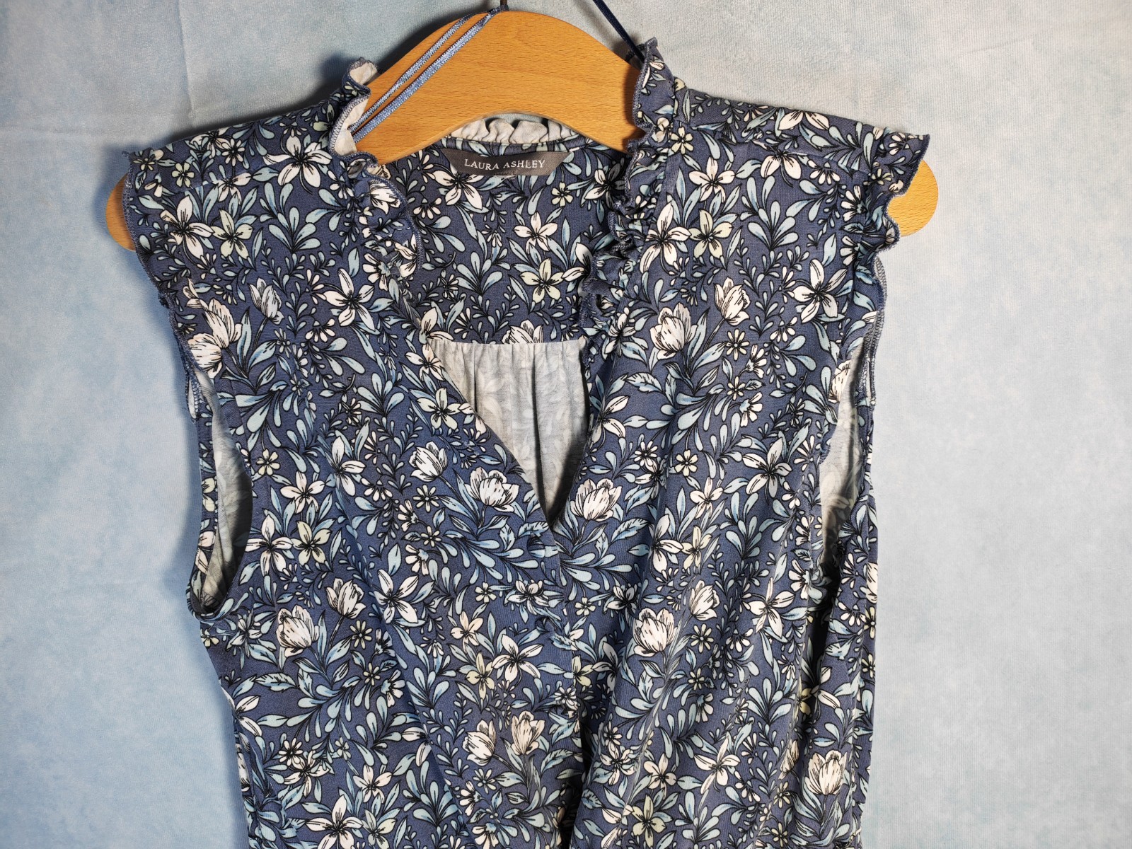Beautiful Laura Ashley Blue Floral Stretch Frill Dress Waist Tie Belt UK 18