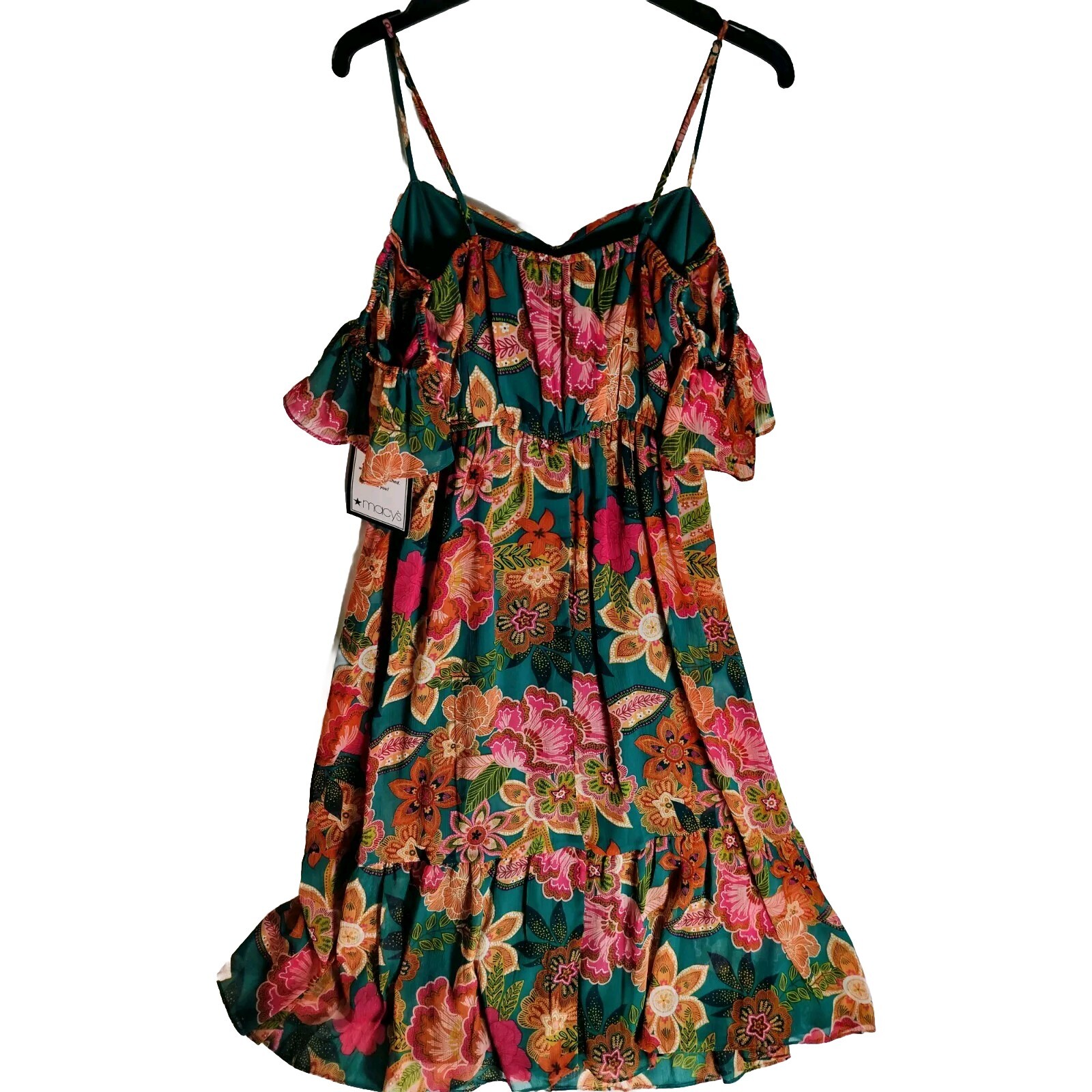 City Studios Orange-Teal Floral Print Off-The-Shoulder Midi Dress L Coastal Boho