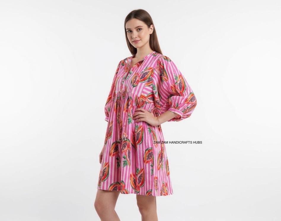 Multi Floral Hand Block Print Cotton Mini Dress Bohemian Kyra Style Summer Dress