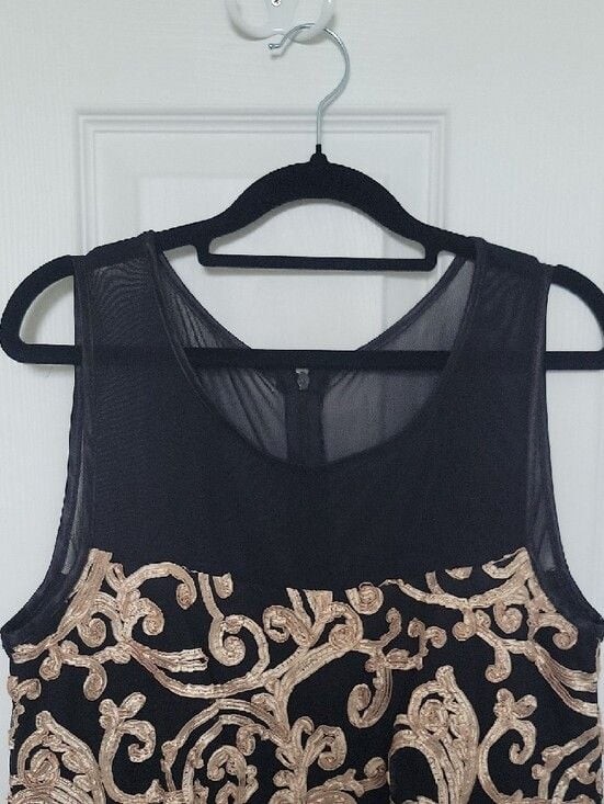Connected Apparel Black Gold Embroidered Mesh Cocktail Dress Size 10