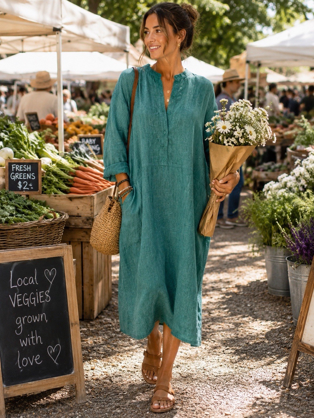 Eileen Fisher Organic Linen Delave Jade Green Mandarin Collar Shirt Dress XL