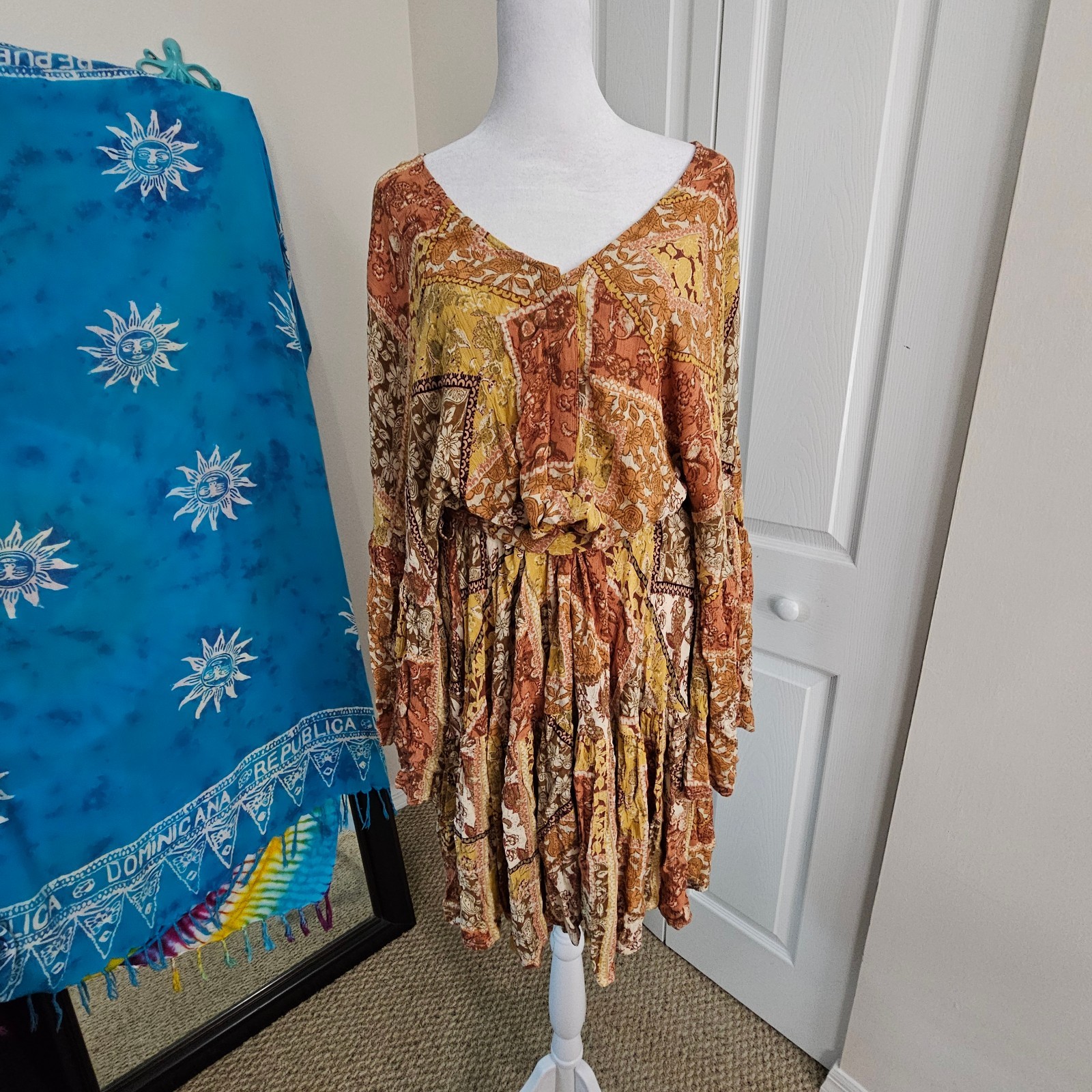 Rip Curl Boho Patchwork Bell Sleeve Tie Waist Flowy Festival Dress Large