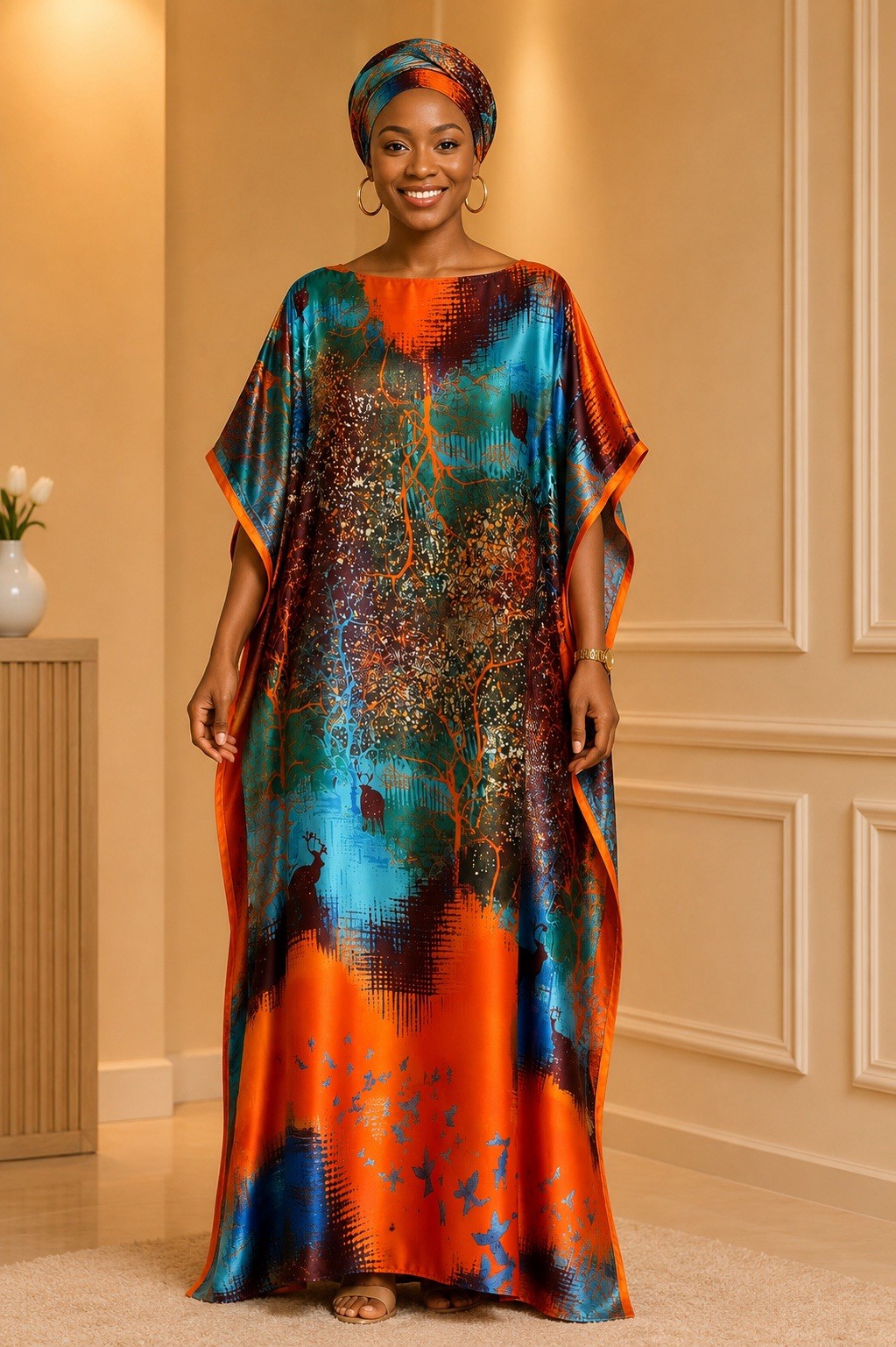 Long silky satin slip Kaftan Dress Geometric with scarf Boat Neck One Size