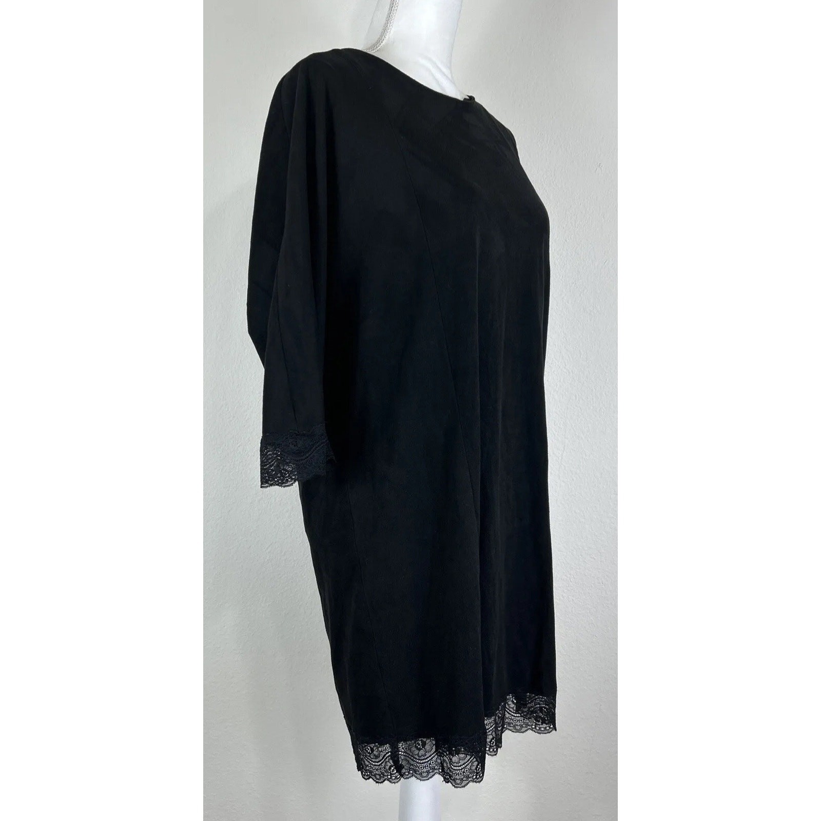 Zara Faux Suede Combined Lace Shift Dress Mini Black LBD Tunic Size Medium