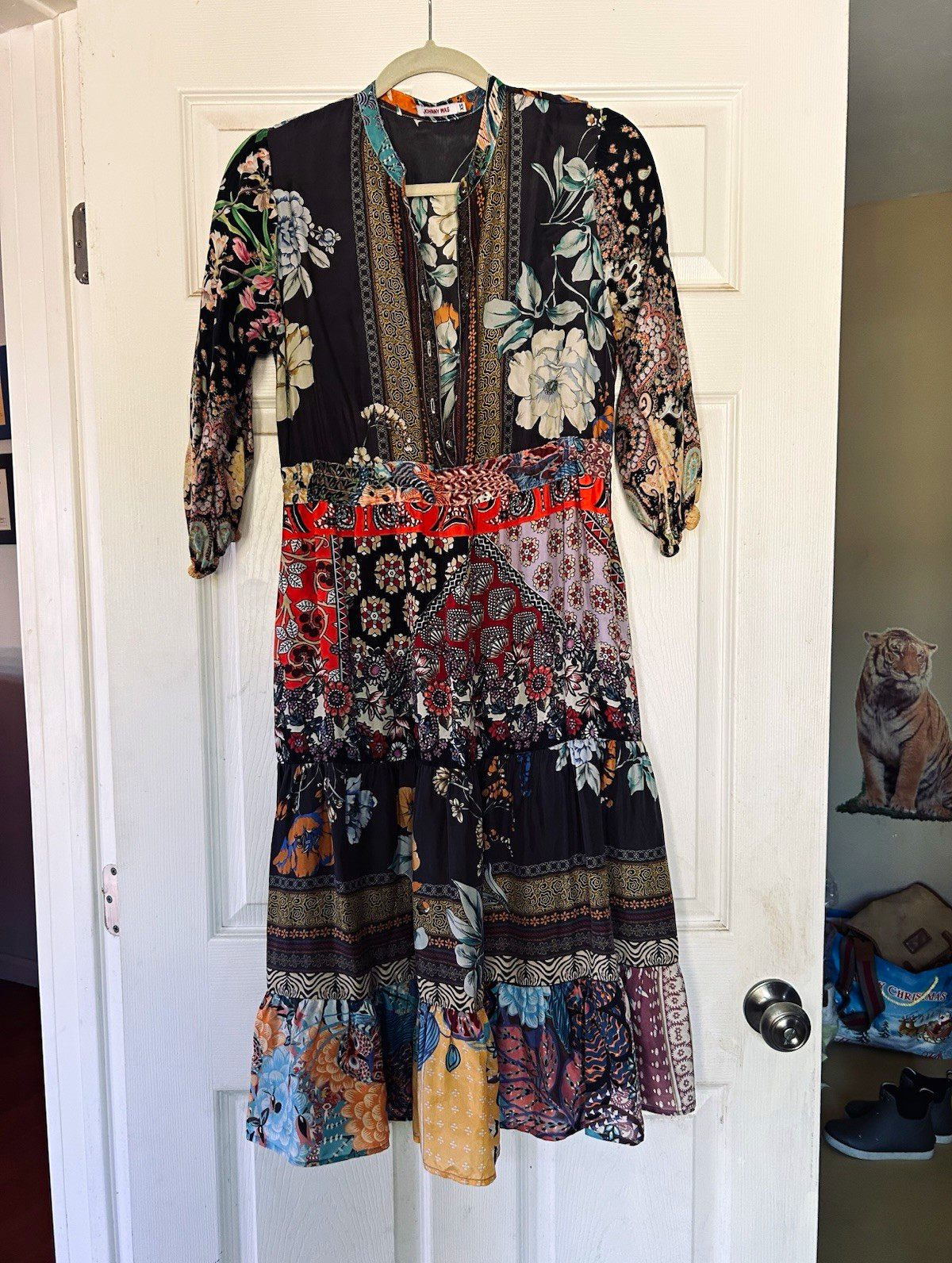 Johnny Was XS Silk Woven Floral Multicolor V-Neck 3/4 Sleeve Midi Shirt Dress