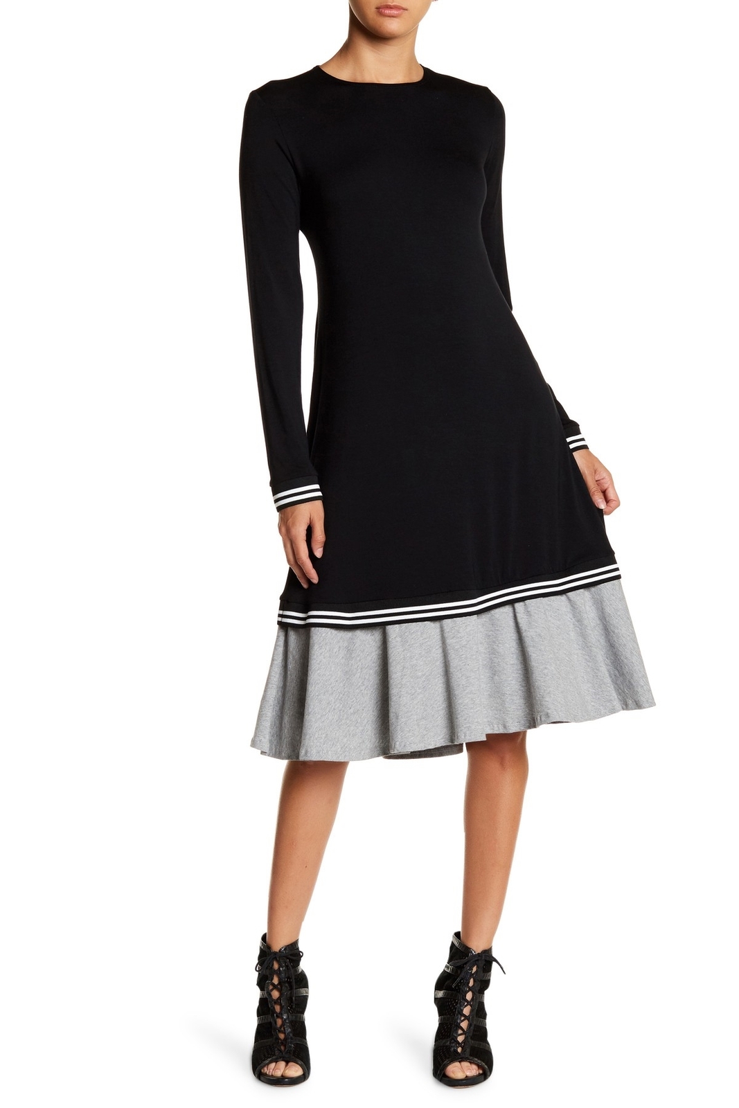 Go Couture GO Modest Below Knee Length Flounce Ruffle Dress Sz. L (Black) 151211