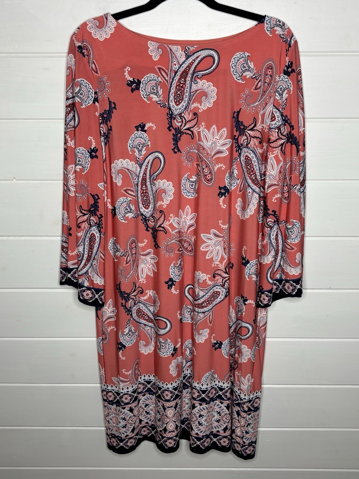 Studio One NY Coral Paisley Shift Dress Size XL Bell Sleeve Border Print Stretch