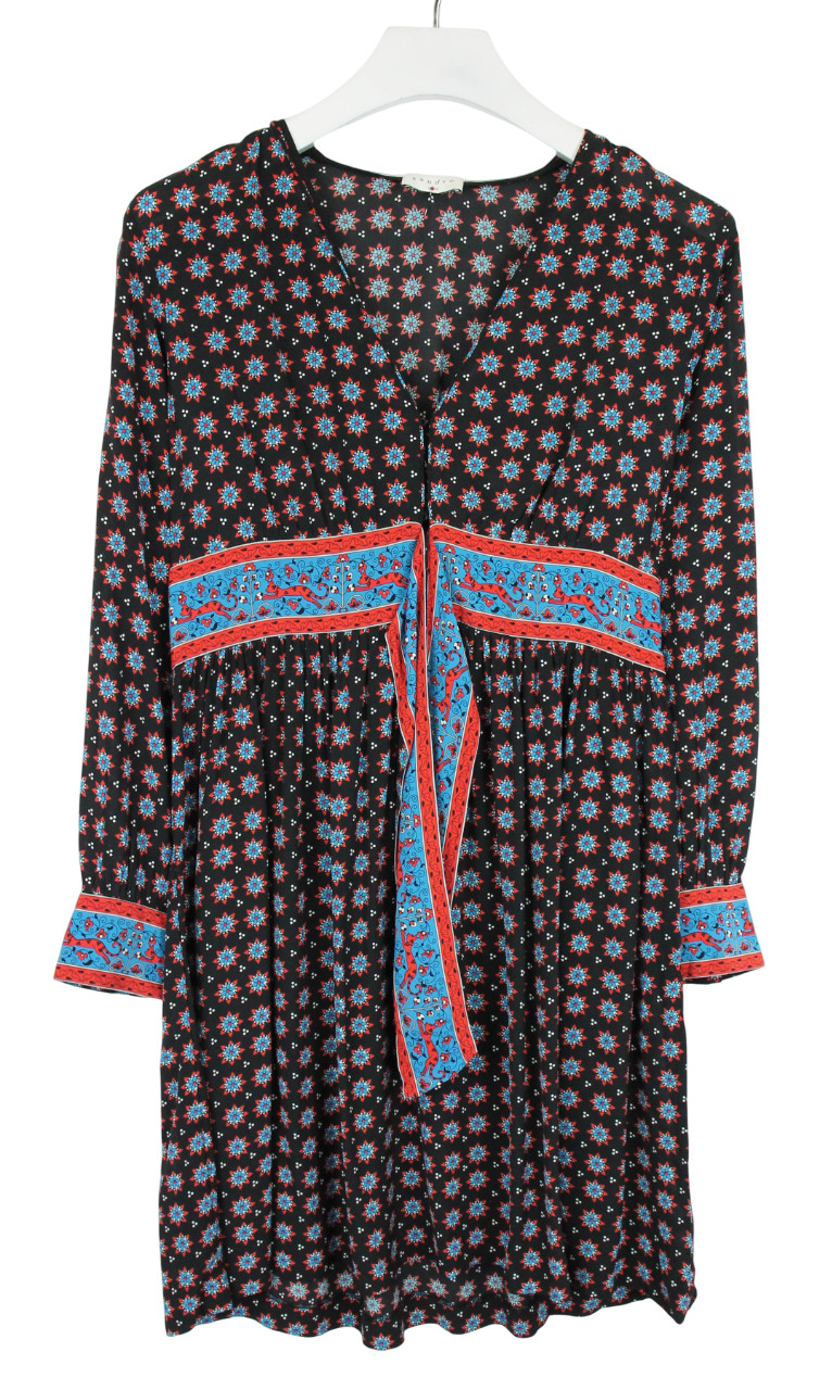 Sandro Dress Womens (EU) 42 Long Sleeve V Neck Pattern Mini