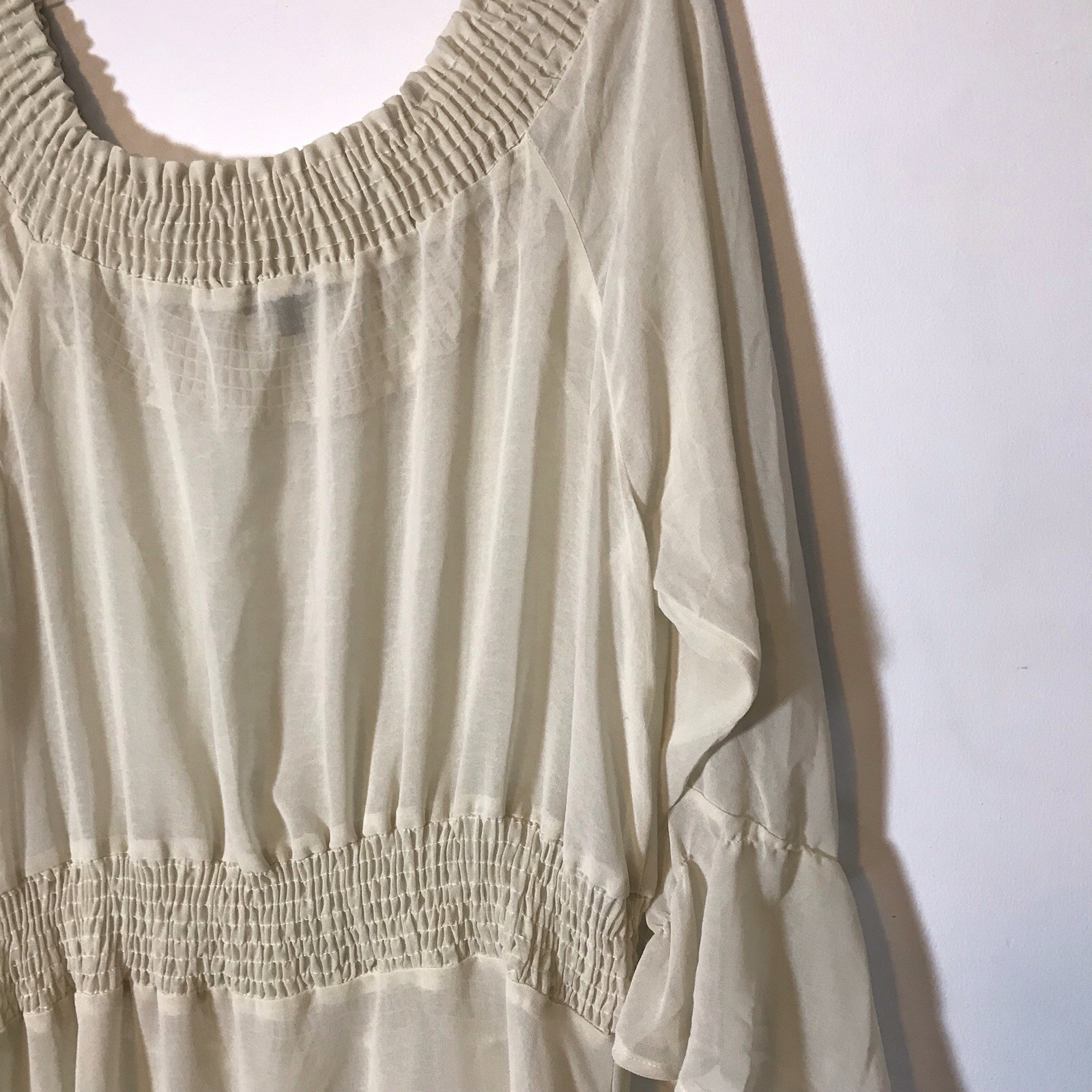 Vintage Y2K Sheer Gypsy Coquette Flowy Smocked Bodice Asymmetrical Off White XL