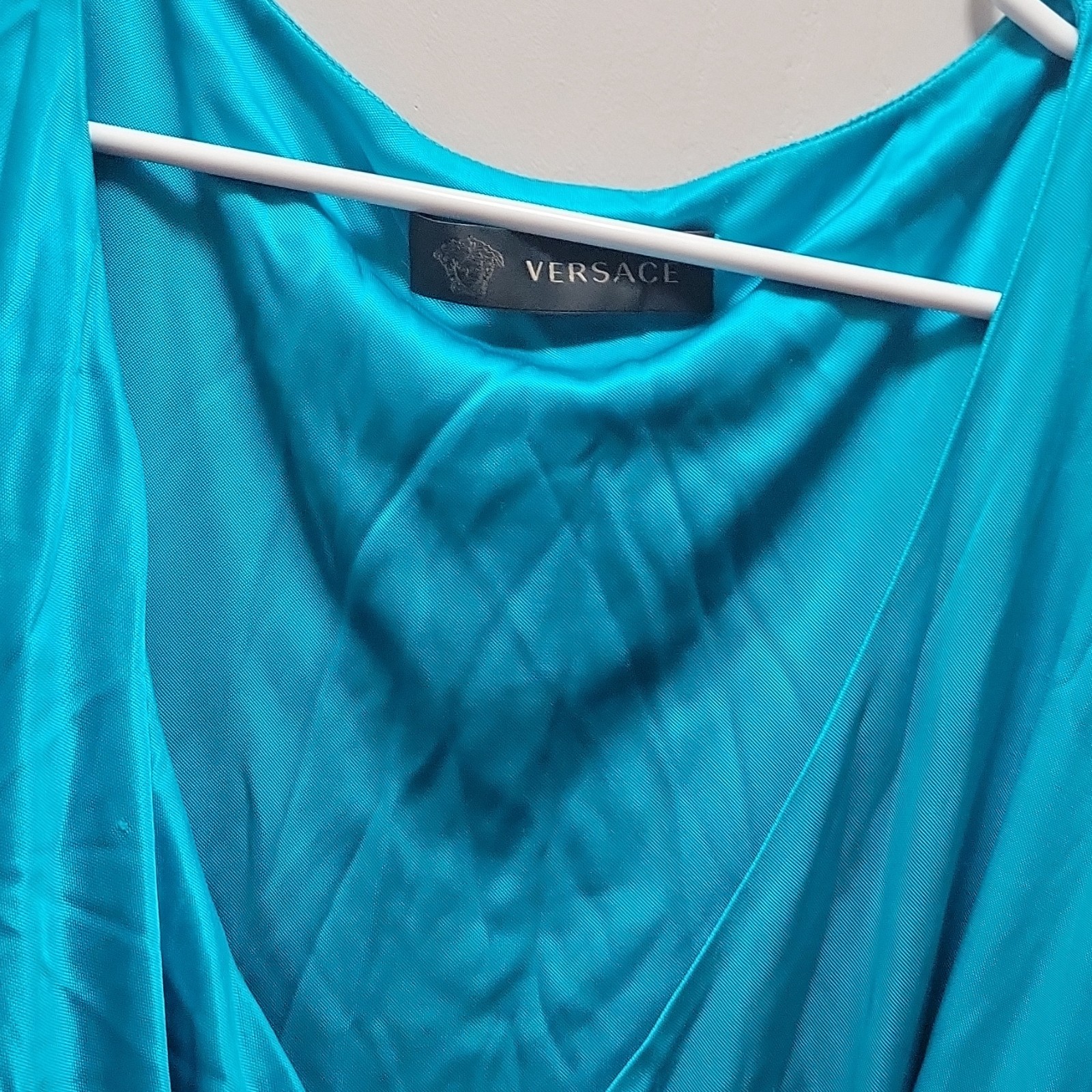 Versace Blue Silk Satin Draped Ruched Beaded Cowl Neck Dress Long small
