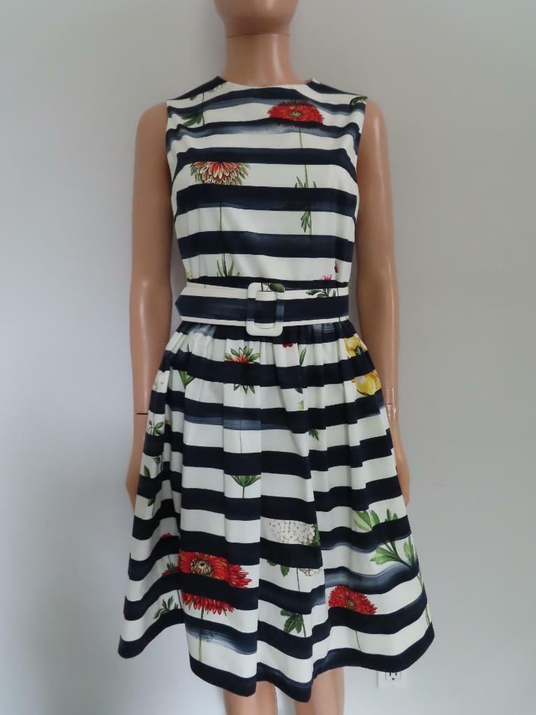 Oscar de la Renta Navy/White Striped Botanical Print Midi Dress US 6 $1,490