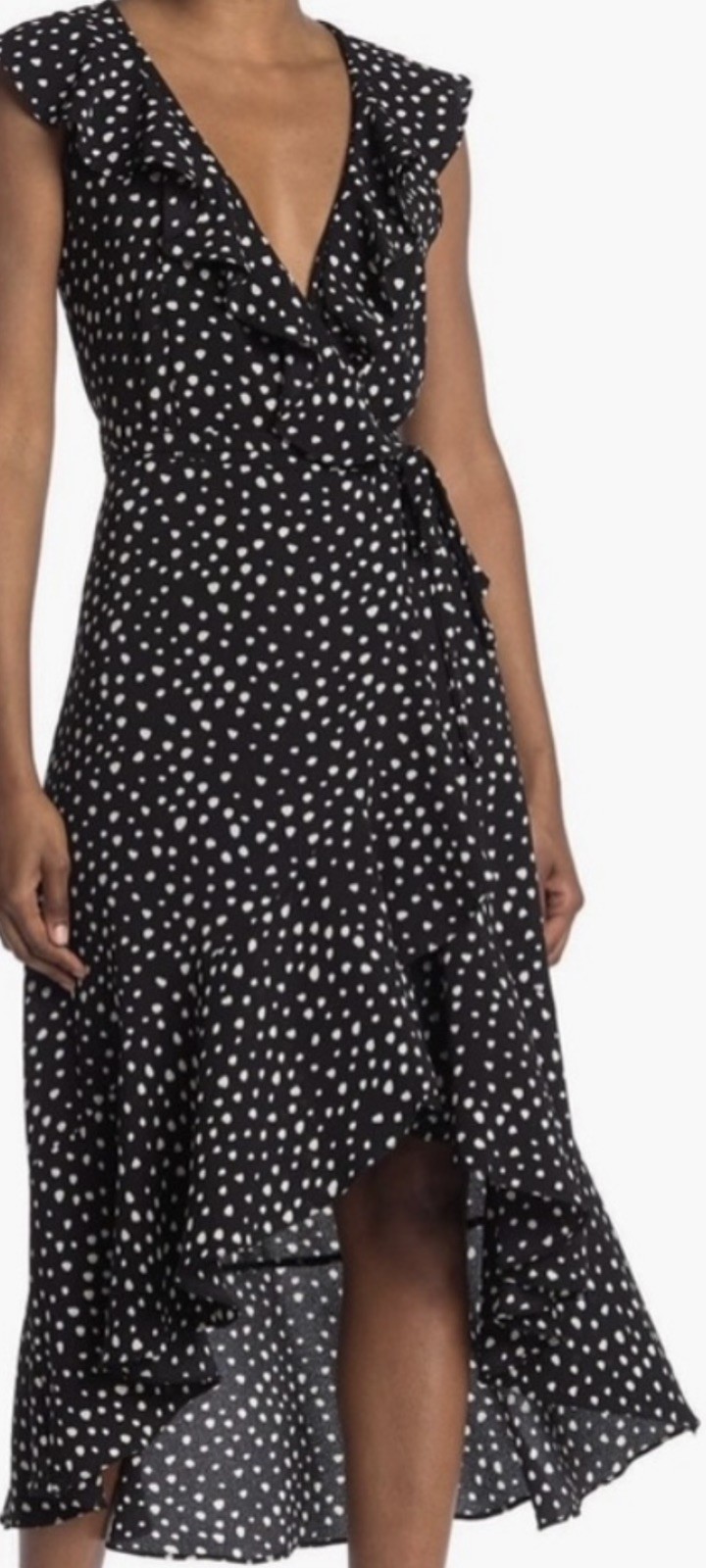 Max Studio Black White Polka Dot Wrap Dress Ruffle Hem Tie Hi-Low L