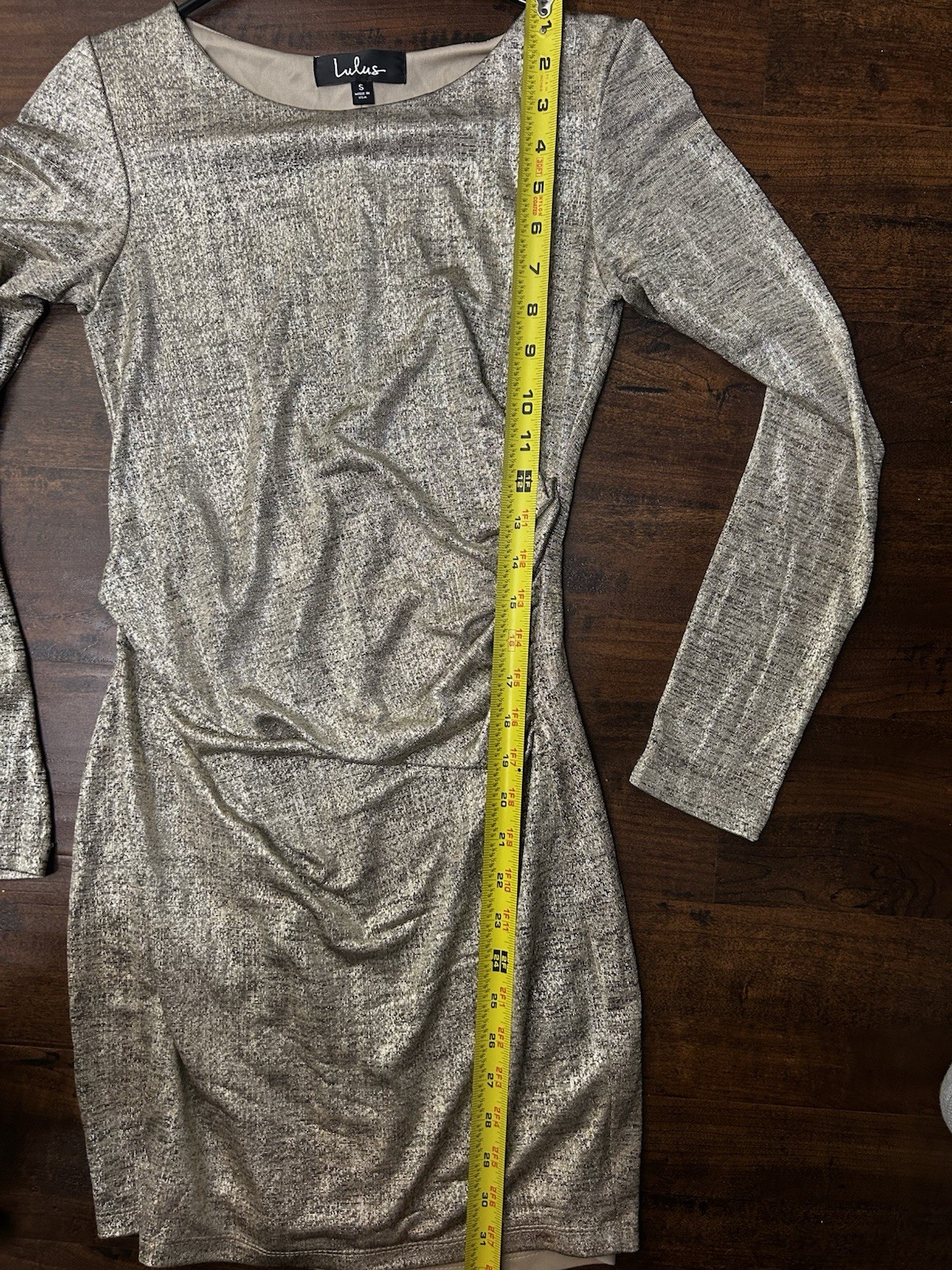Lulus Silver Metallic Ruched Lined Stretch Boat Neck Long Sleeve Bodycon S