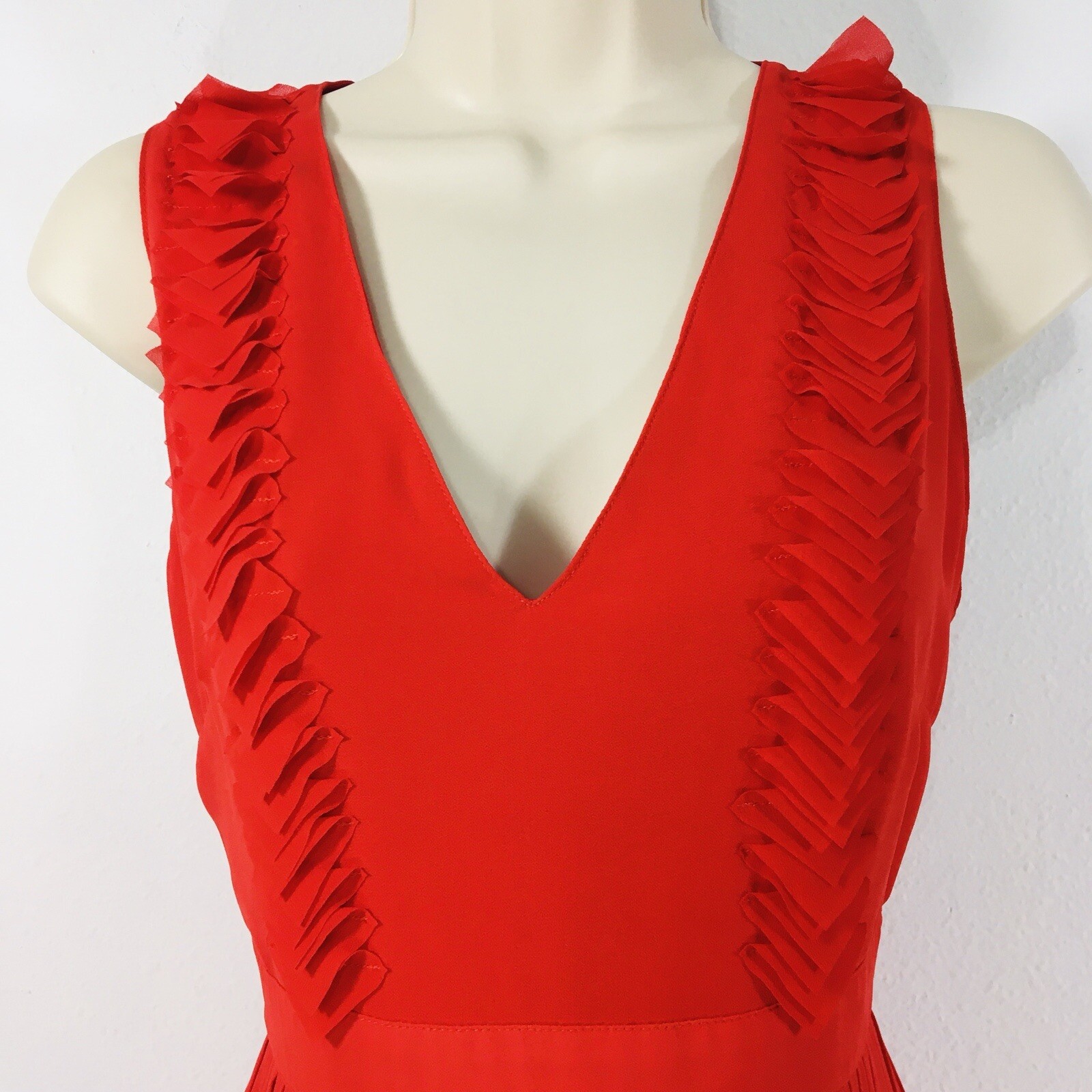 Foxiedox Red Pleated Ruffle Dress Sz S VNeck Zipper Lined Wedding Guest Party