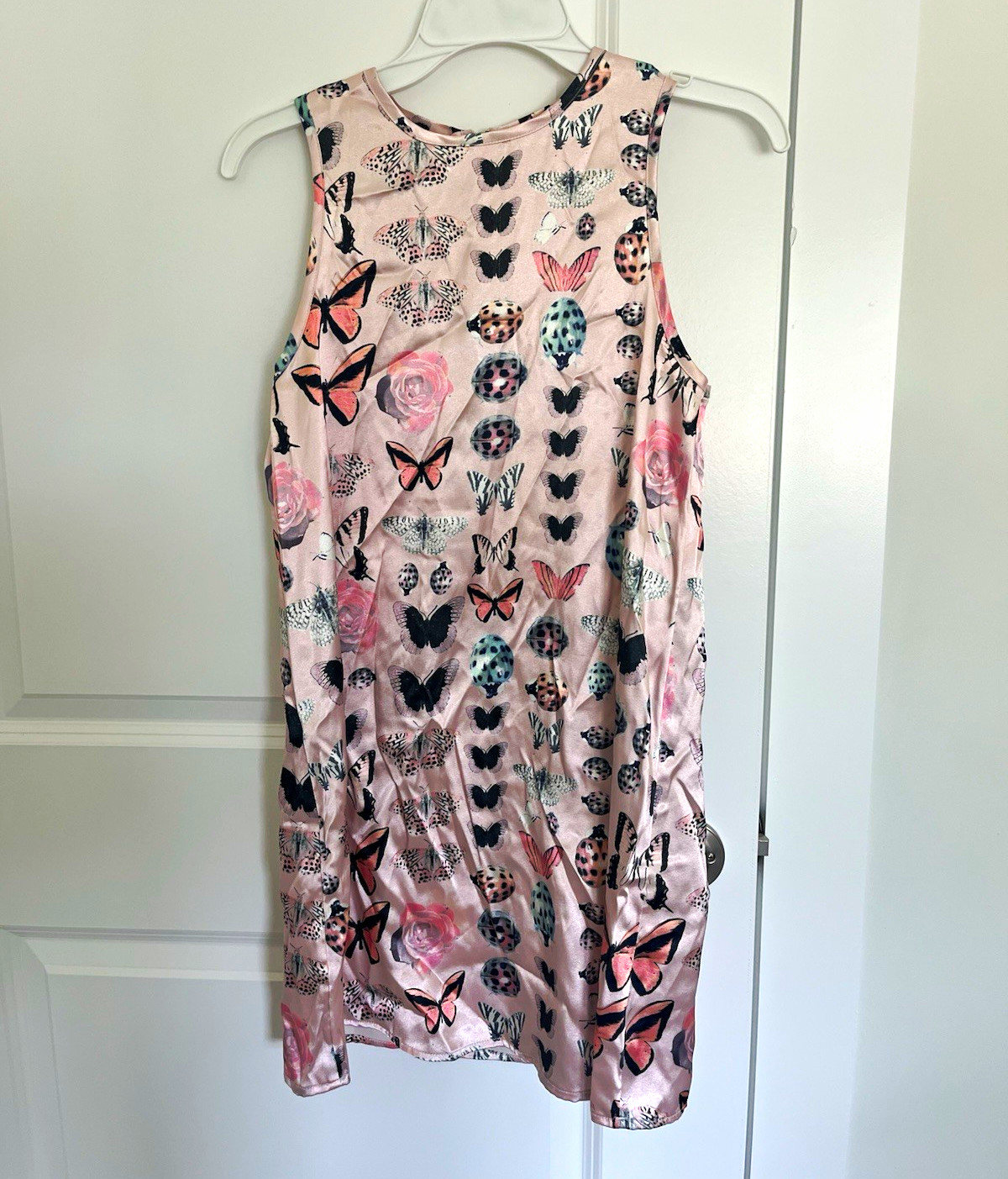 Urban Outfitters XS Pink Satin Butterfly Print Mini Dress Zip Back