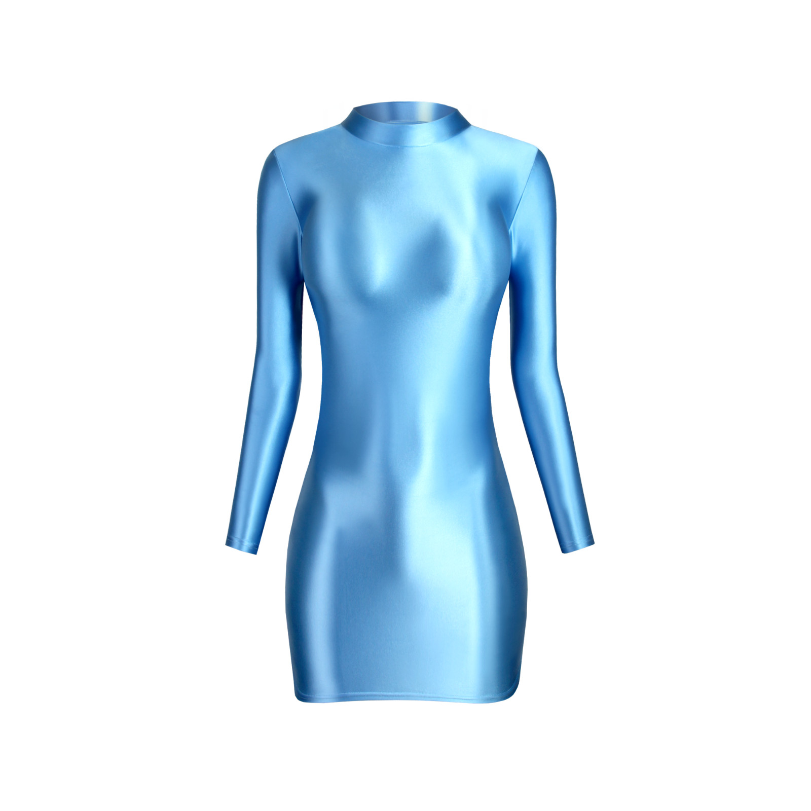 Women Sexy Glossy Smooth Dress High Neck Long Sleeve Sports Buttocks Nightdress