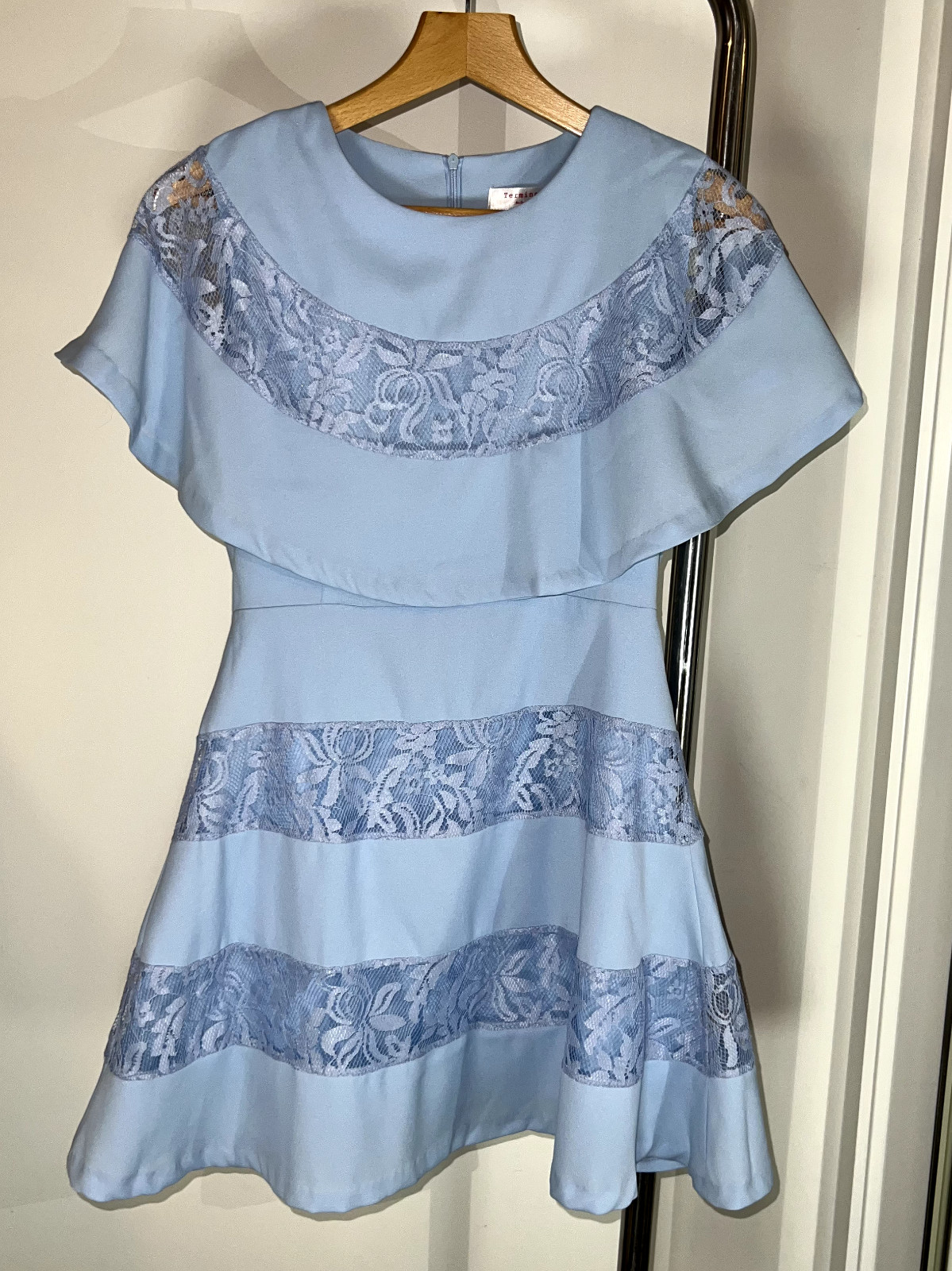 Terminal D Korean fashion light blue A-line dress with lace panels & cape SMALL