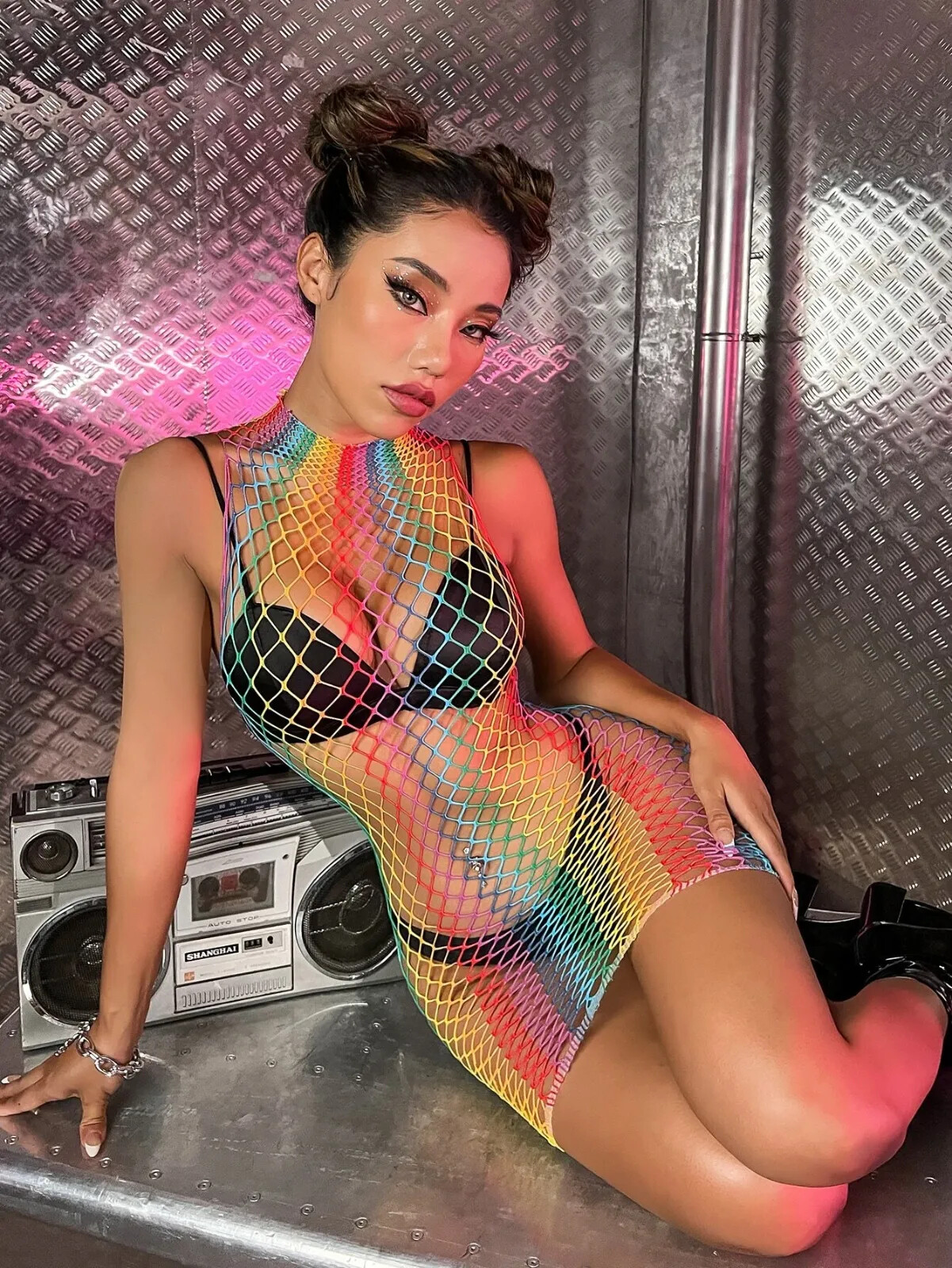 Sexy LGBT Rainbow Pride Hollow Out Net Dress Baby Doll No Lingerie US SELLER
