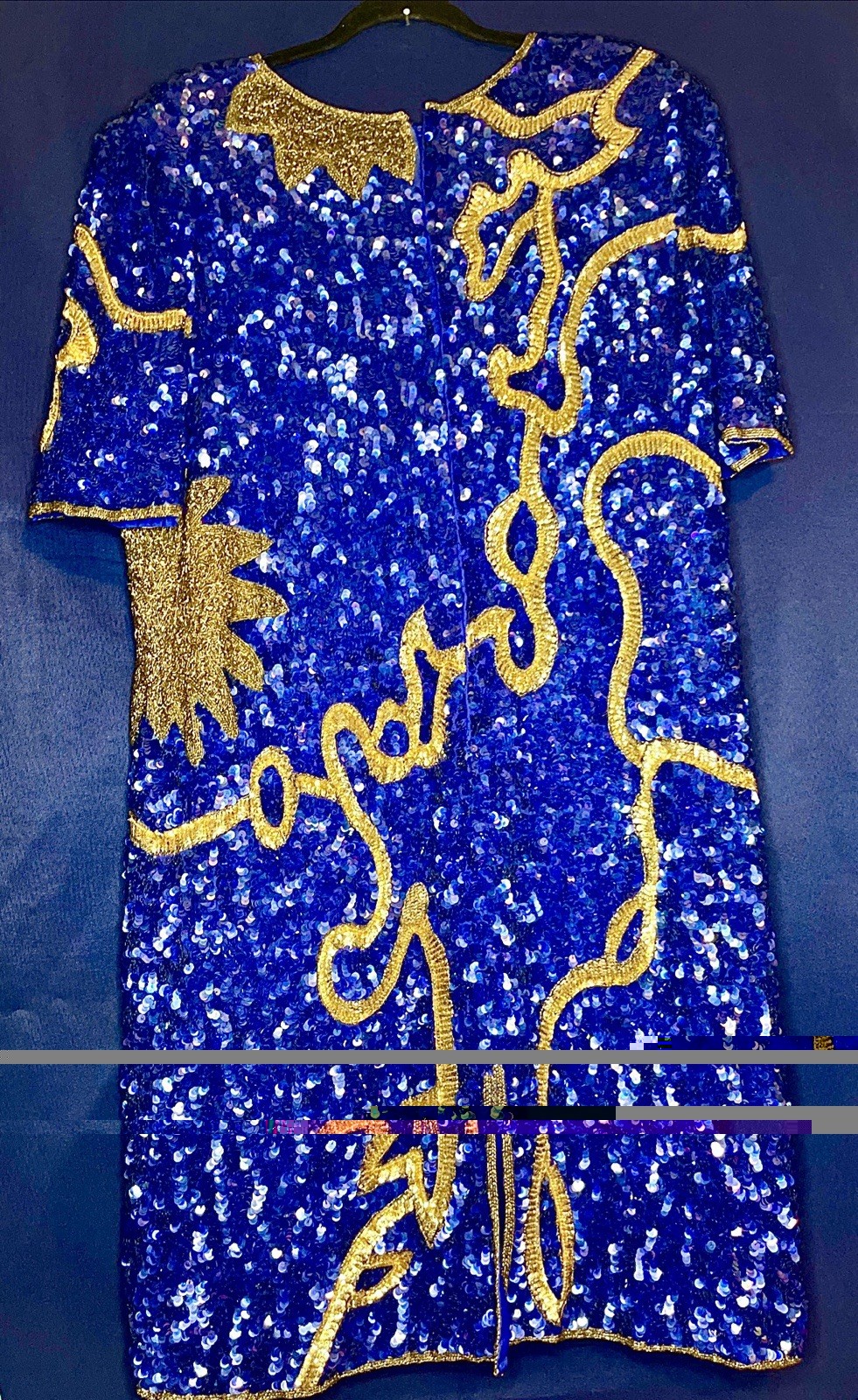 Laurence Kazar Women’s rare 3X Blue Gold Sequin Beaded Silk Rayon Dress Zip VTG